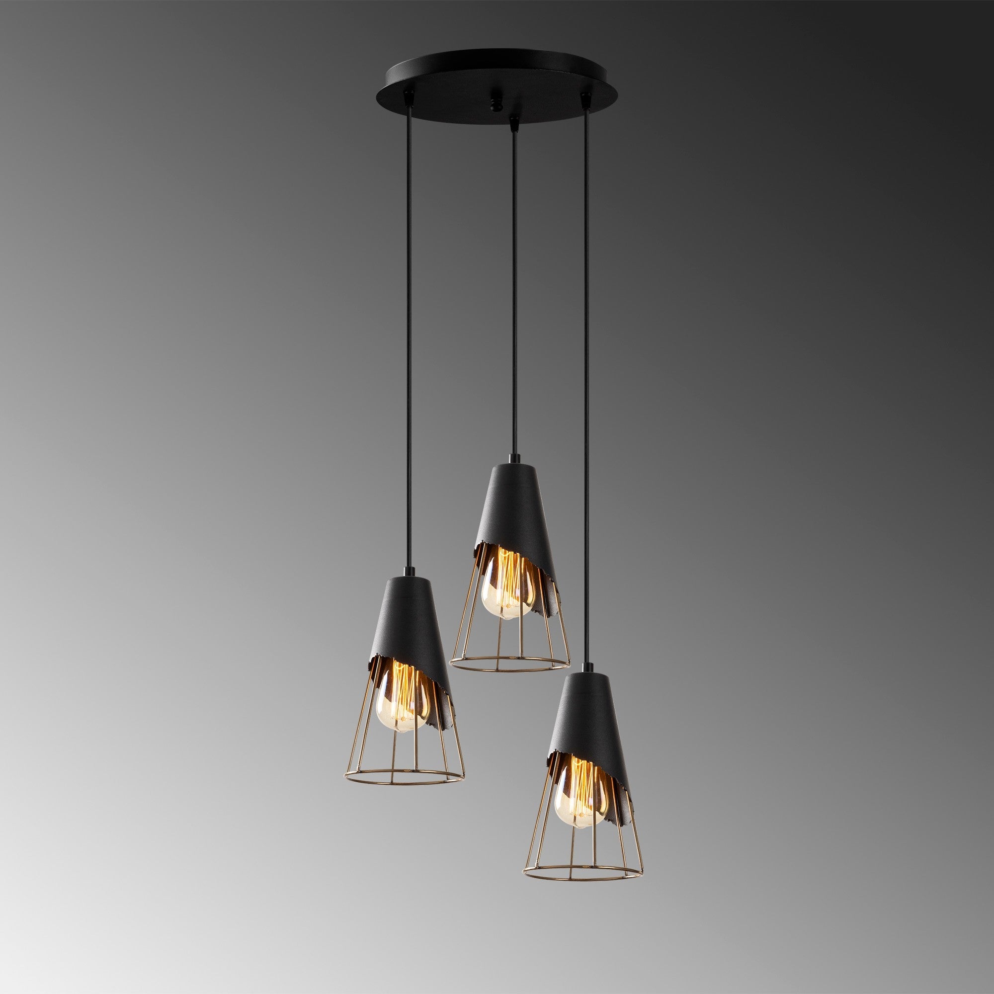 Candeeiro de Teto Industrial Preto, 40 cm de Diâmetro, Altura Ajustável 124 cm | Corpo de Metal, 3 x E27 Máx. 40 W | Iluminação Elegante para Espaços Modernos, Classificação IP20