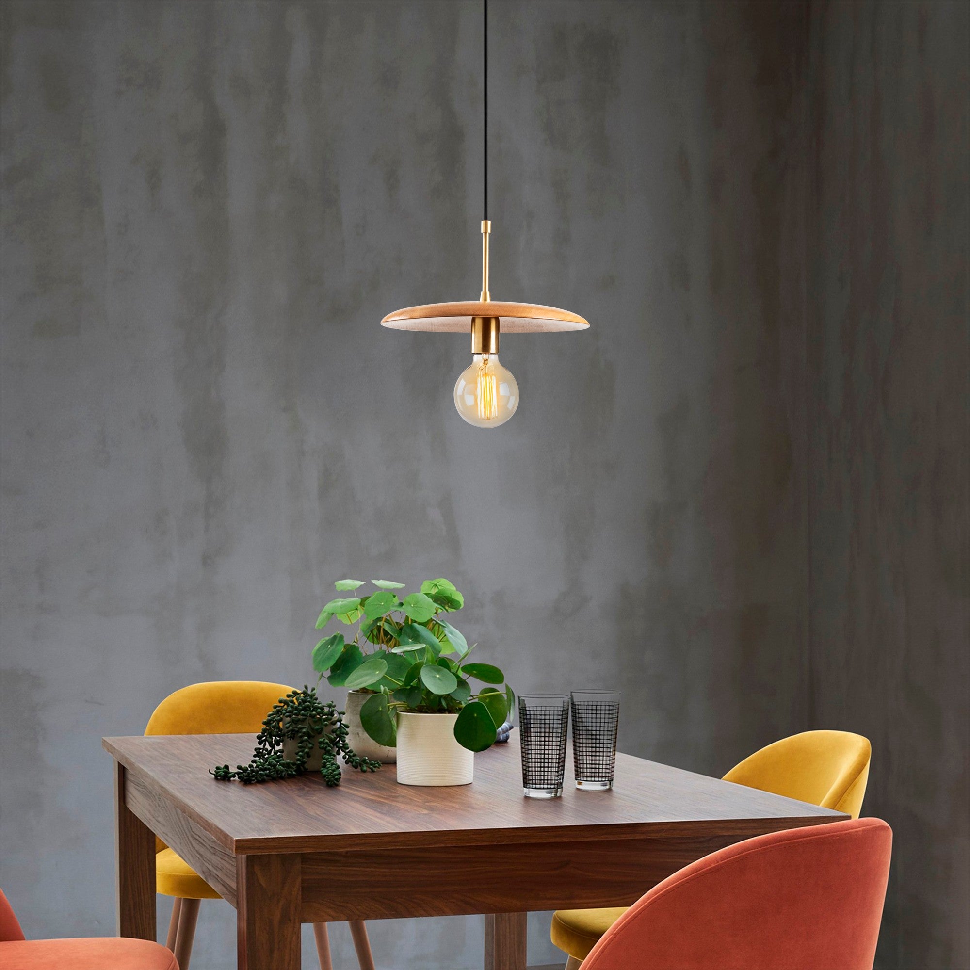 Candeeiro de Teto moderno – 29 cm de diâmetro – Preto e madeira – Ferro