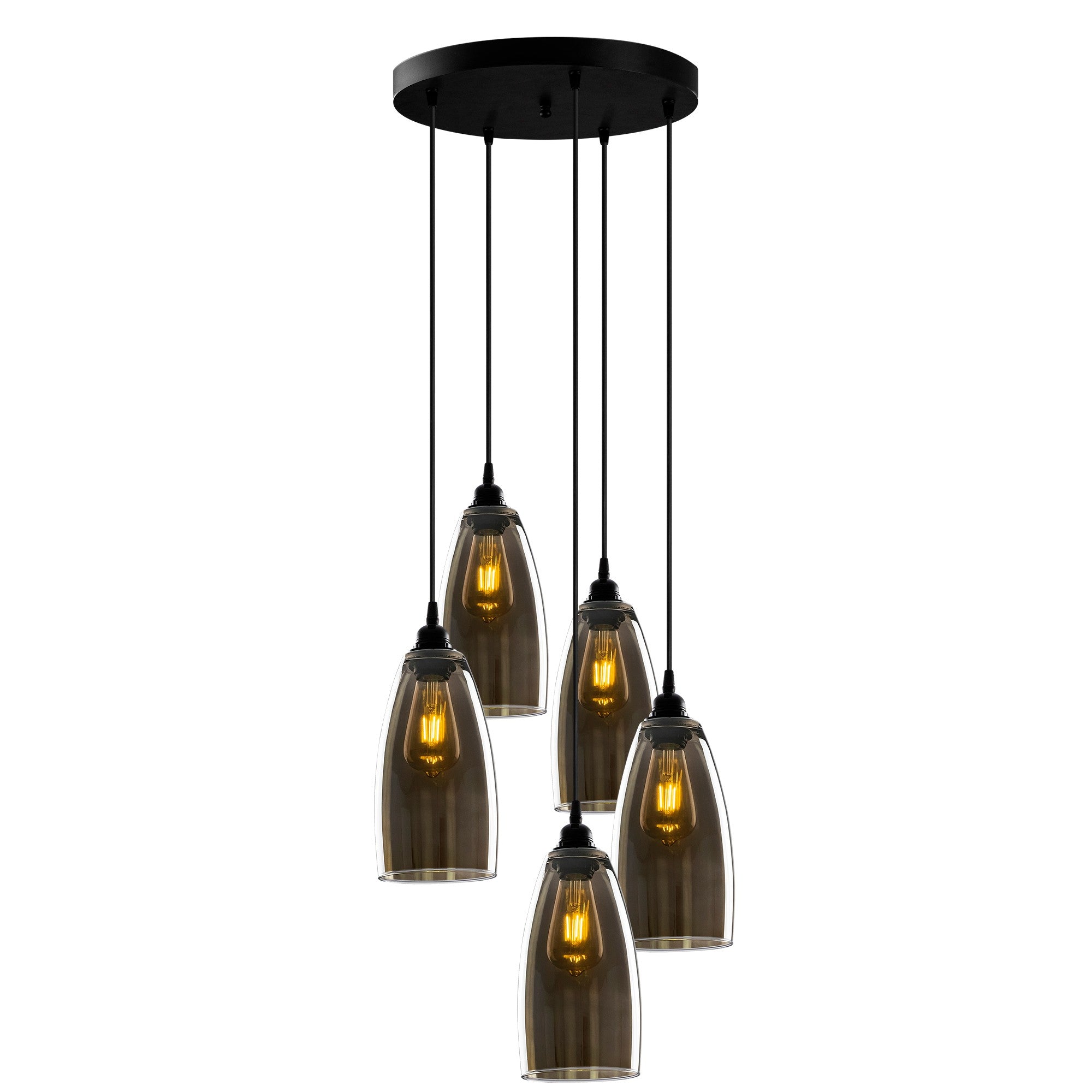 Candeeiro de Teto Nostalgia Escandinavo, Cor Fumê, Corpo em Metal, 47 x 47 cm, Altura 127 cm, Ajustável, 5 x E27 Máx. 40 W | Iluminação Elegante para Espaços Modernos