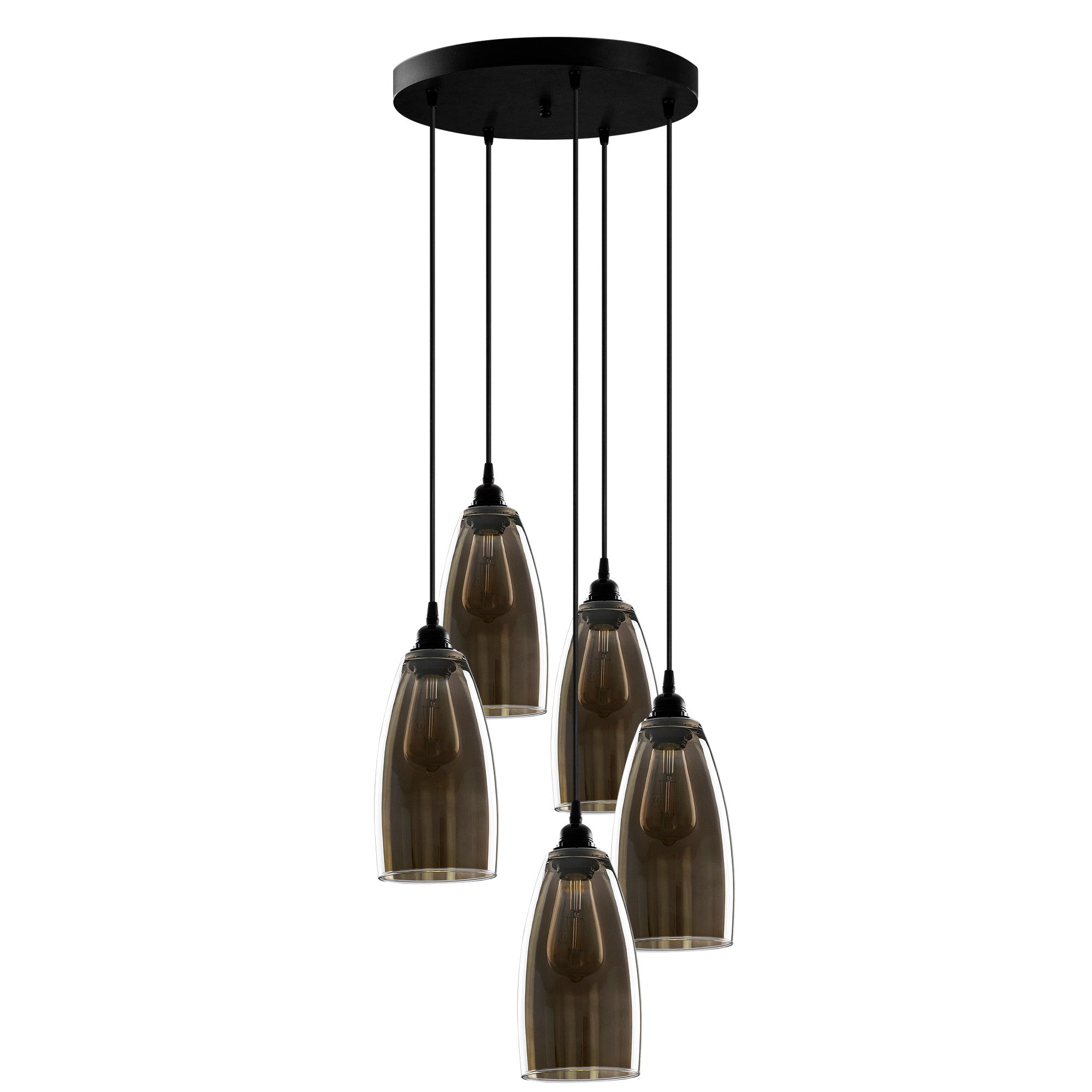 Candeeiro de Teto Nostalgia Escandinavo, Cor Fumê, Corpo em Metal, 47 x 47 cm, Altura 127 cm, Ajustável, 5 x E27 Máx. 40 W | Iluminação Elegante para Espaços Modernos