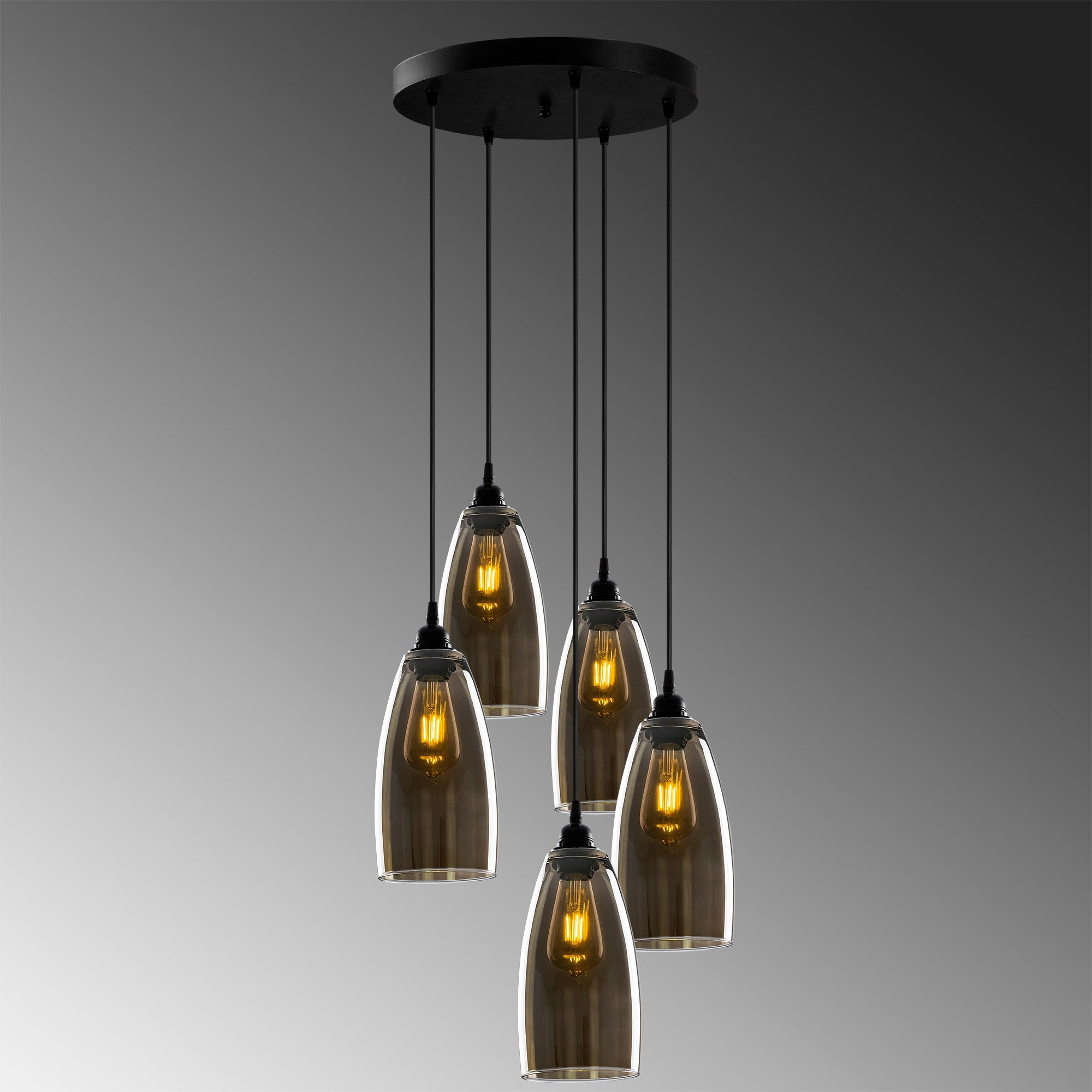 Candeeiro de Teto Nostalgia Escandinavo, Cor Fumê, Corpo em Metal, 47 x 47 cm, Altura 127 cm, Ajustável, 5 x E27 Máx. 40 W | Iluminação Elegante para Espaços Modernos