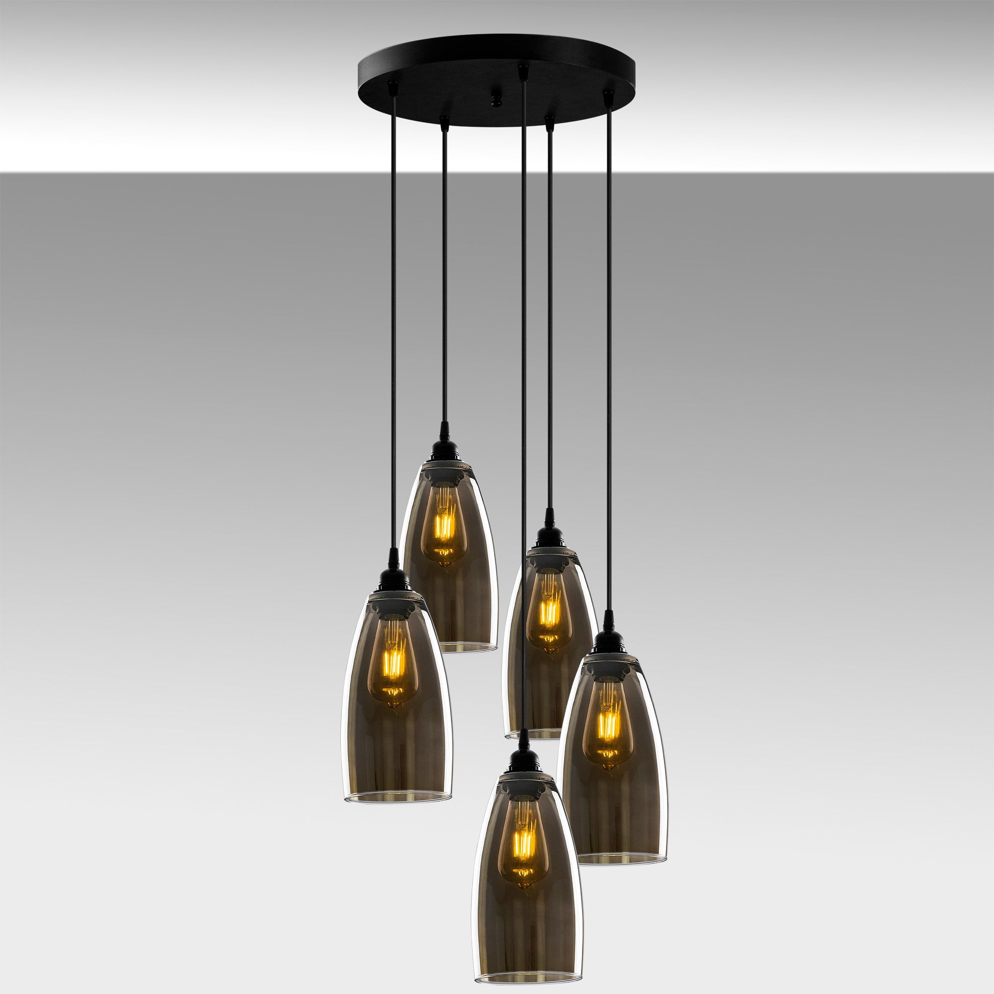 Candeeiro de Teto Nostalgia Escandinavo, Cor Fumê, Corpo em Metal, 47 x 47 cm, Altura 127 cm, Ajustável, 5 x E27 Máx. 40 W | Iluminação Elegante para Espaços Modernos