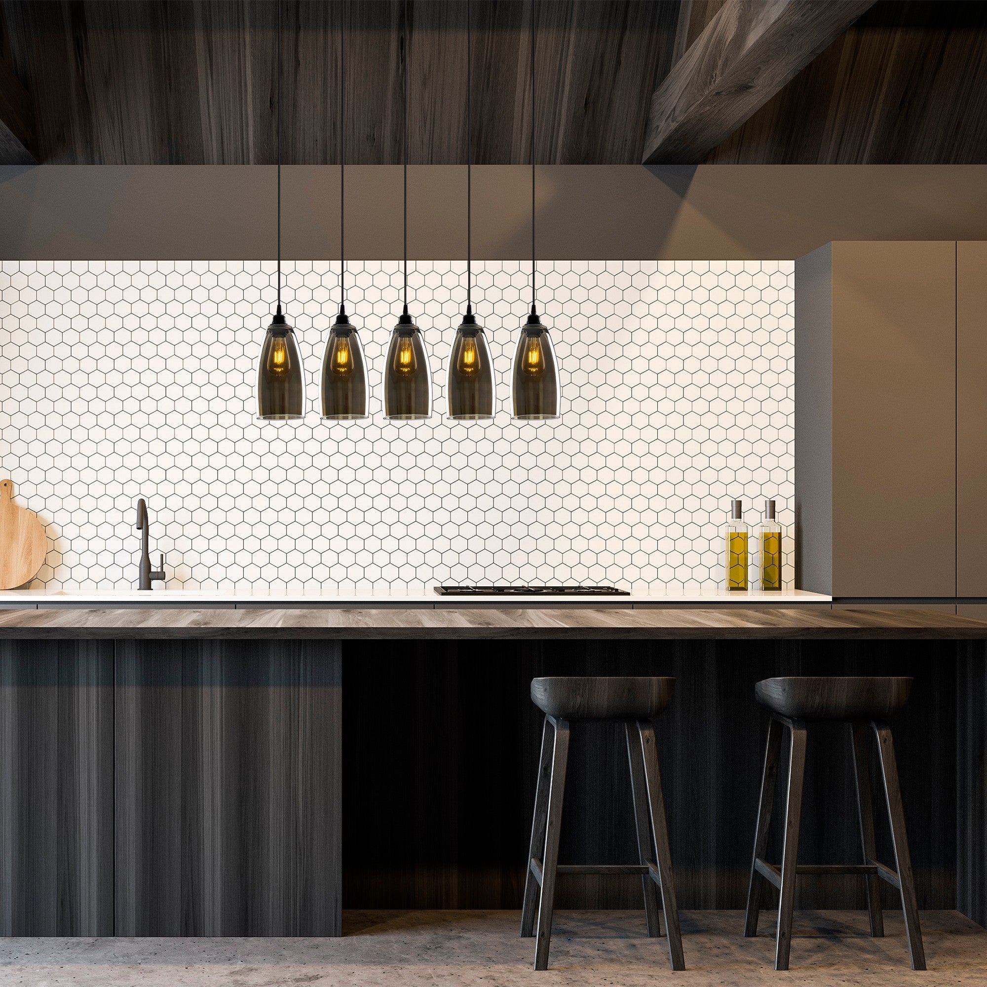 Candeeiro de Teto Nostalgia Escandinavo, Cor Fumê, 83 x 83 cm, Altura 127 cm | Corpo de Metal, Altura Ajustável, 5 x E27 Máx. 40 W | Iluminação Elegante para Espaços Modernos