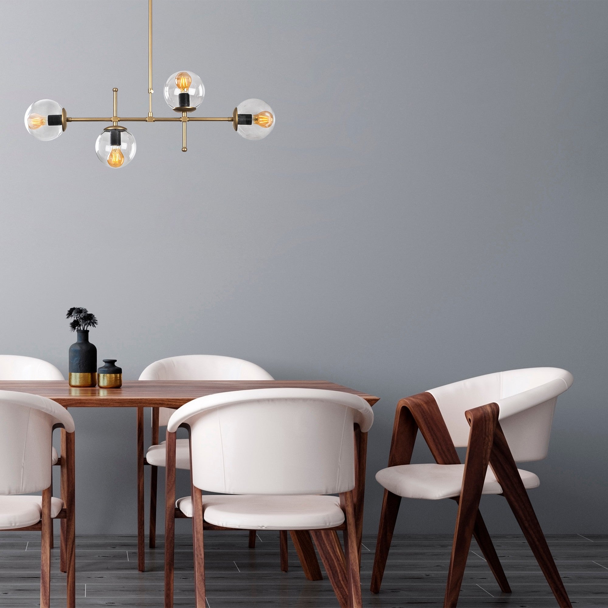 Candeeiro de Teto moderno com corpo de metal e tampa de vidro, altura ajustável de 67 a 82 cm, design vintage, 4 soquetes E27, perfeito para decoração glamourosa e escandinava