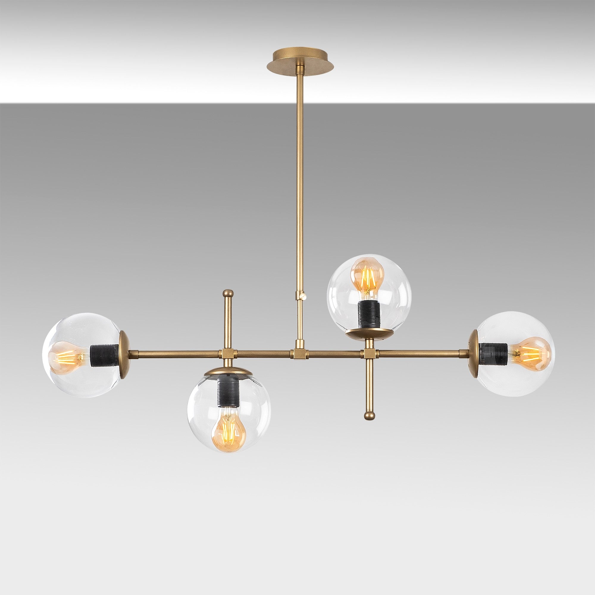 Candeeiro de Teto moderno com corpo de metal e tampa de vidro, altura ajustável de 67 a 82 cm, design vintage, 4 soquetes E27, perfeito para decoração glamourosa e escandinava