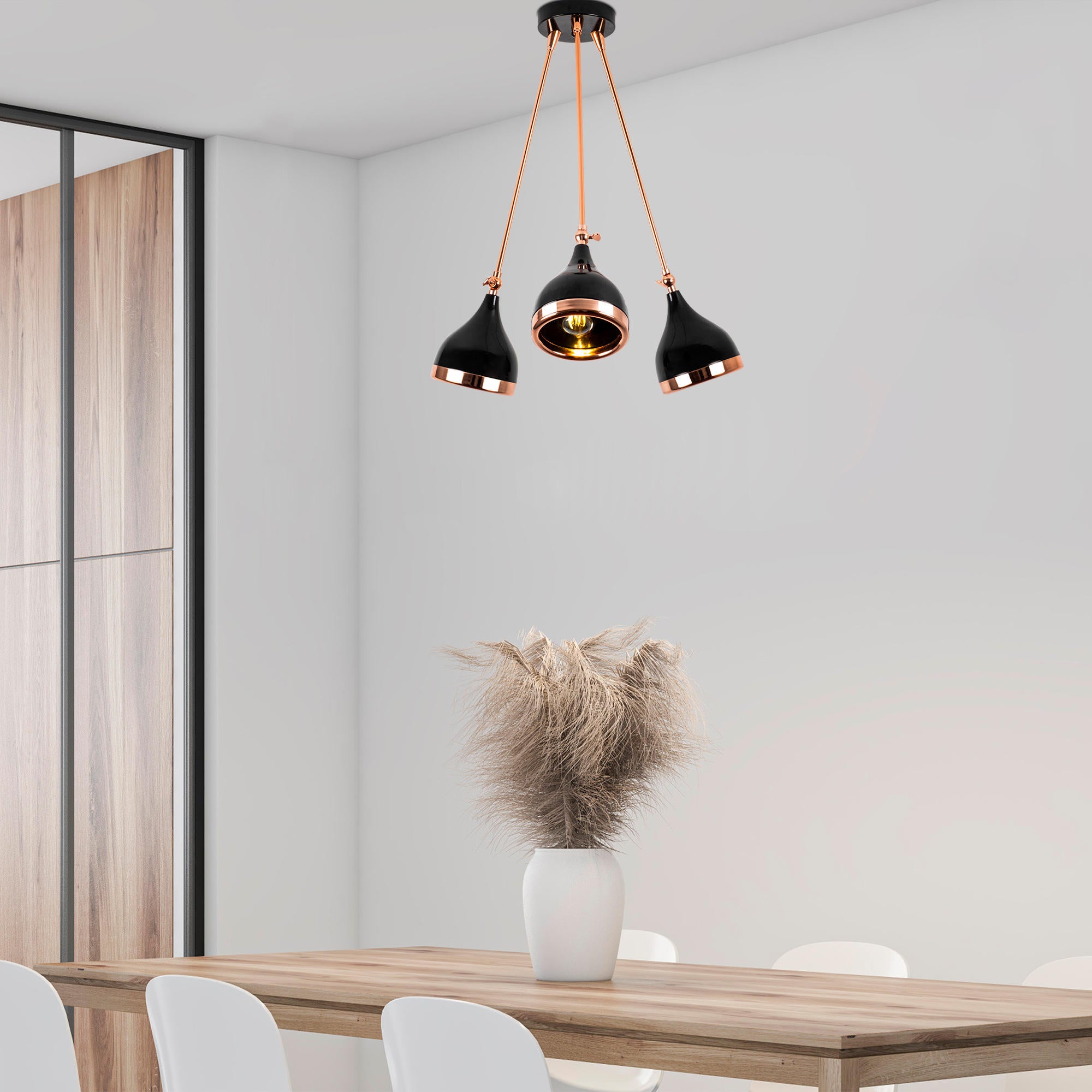 Candeeiro de Teto moderno com corpo de metal, acabamento preto e cobre, 60 cm de diâmetro, 63 cm de altura | 3 soquetes E27, design glamoroso e escandinavo para interiores elegantes