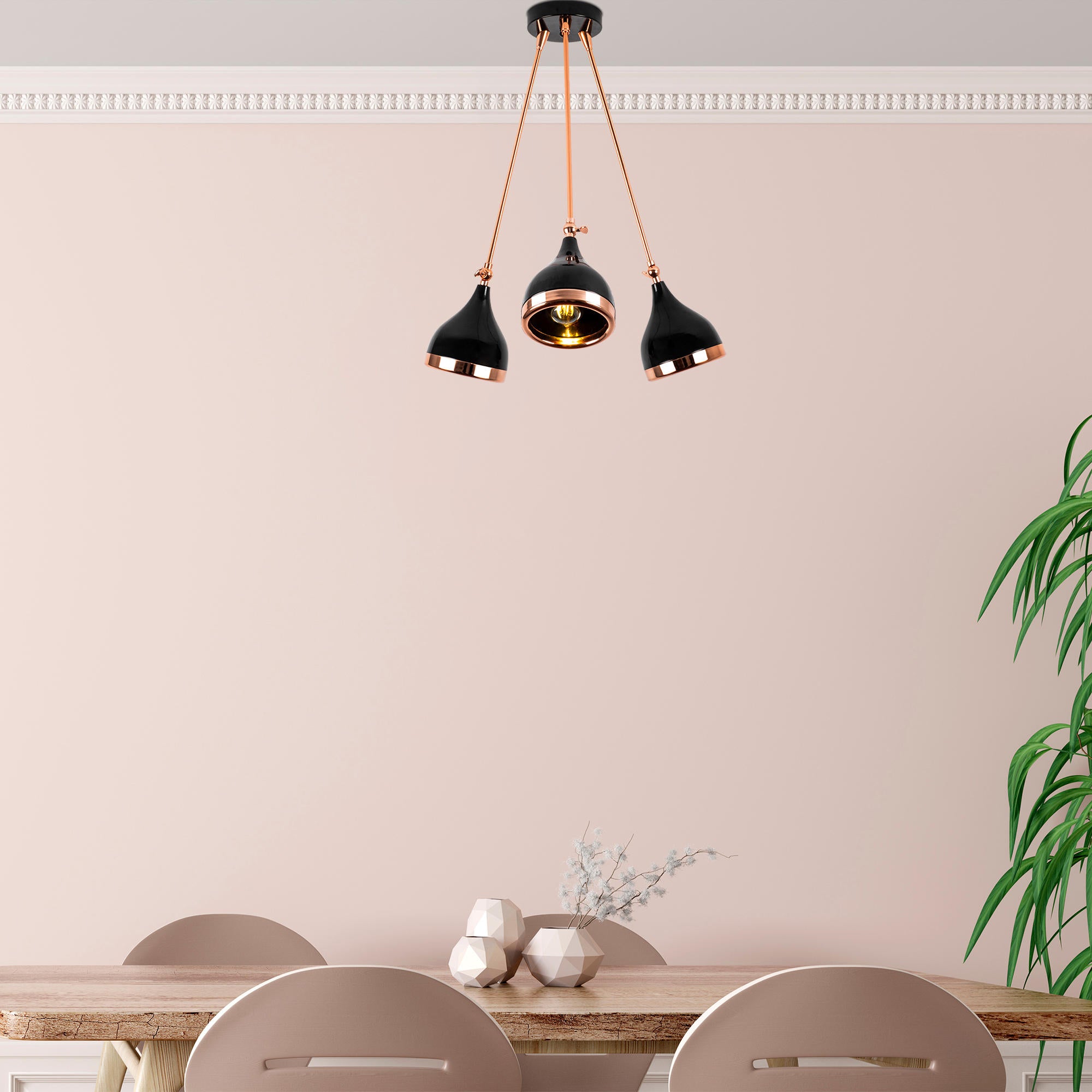Candeeiro de Teto moderno com corpo de metal, acabamento preto e cobre, 60 cm de diâmetro, 63 cm de altura | 3 soquetes E27, design glamoroso e escandinavo para interiores elegantes