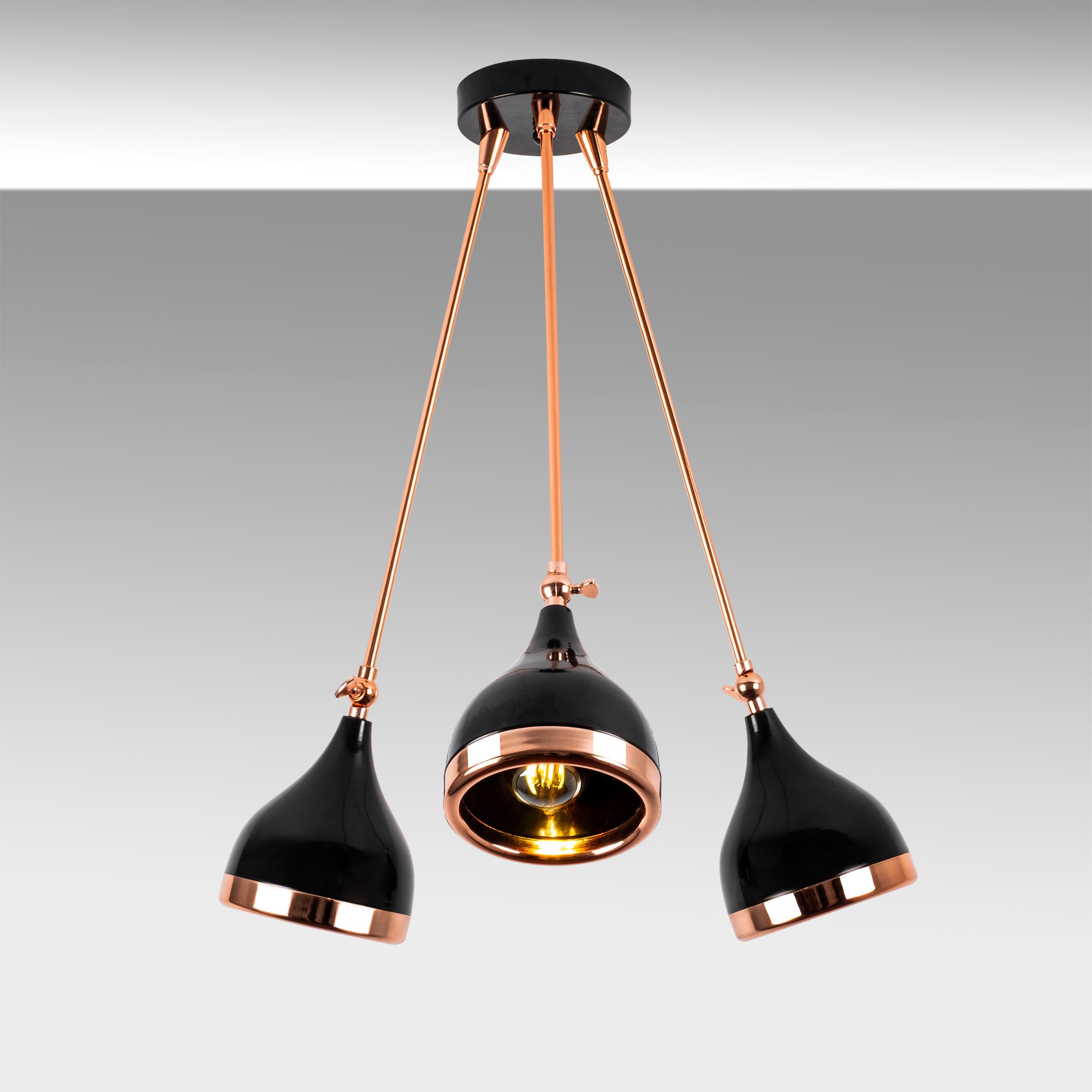 Candeeiro de Teto moderno com corpo de metal, acabamento preto e cobre, 60 cm de diâmetro, 63 cm de altura | 3 soquetes E27, design glamoroso e escandinavo para interiores elegantes