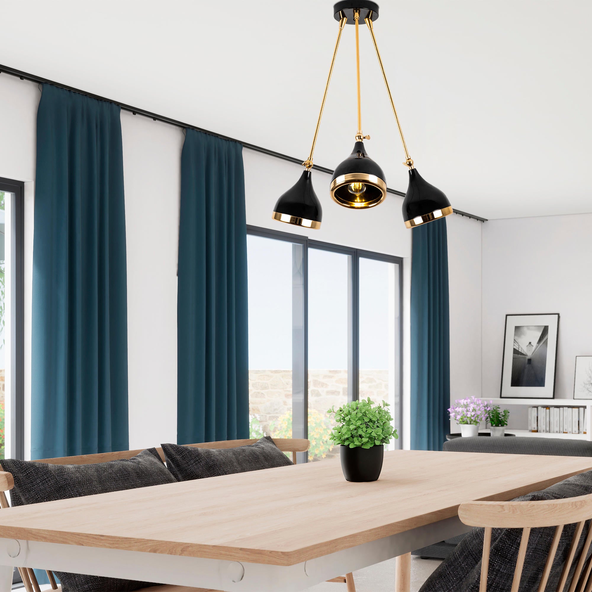 Candeeiro de Teto moderno com corpo de metal, preto e dourado, 60 cm de diâmetro, 63 cm de altura | 3 x E27 máx. 40 W | Design escandinavo elegante para decoração de casa glamourosa