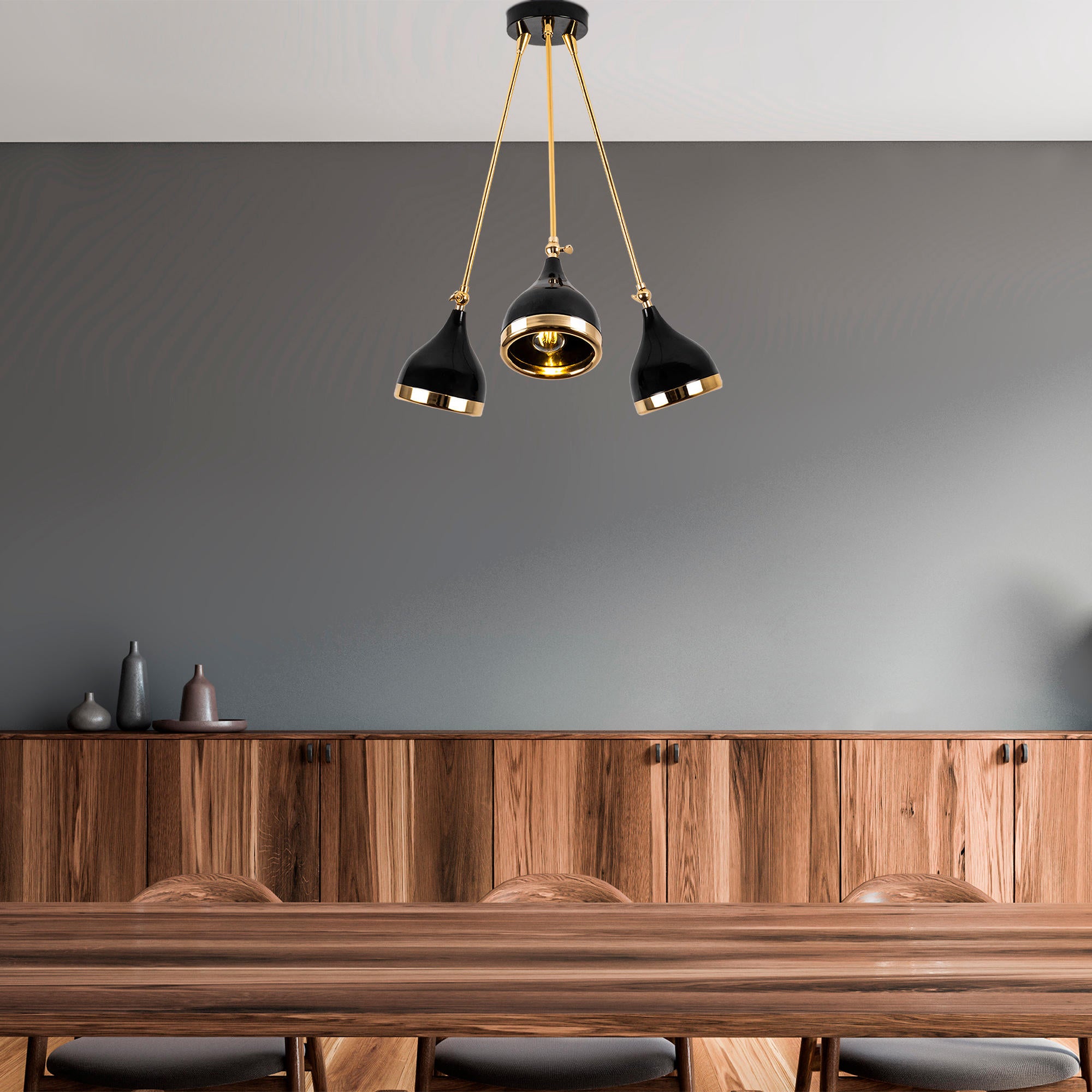 Candeeiro de Teto moderno com corpo de metal, preto e dourado, 60 cm de diâmetro, 63 cm de altura | 3 x E27 máx. 40 W | Design escandinavo elegante para decoração de casa glamourosa