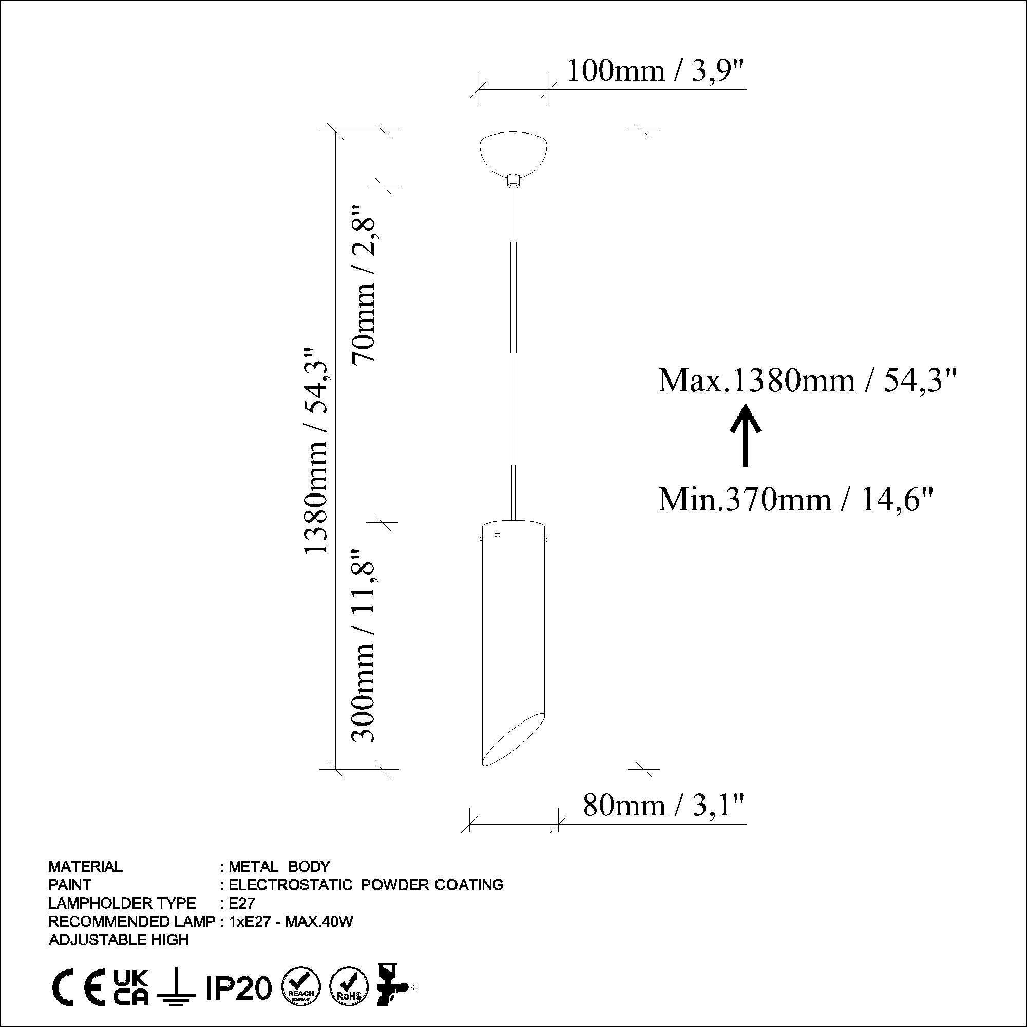 Candeeiro de Teto de metal – altura ajustável de 37 a 114 cm – turquesa