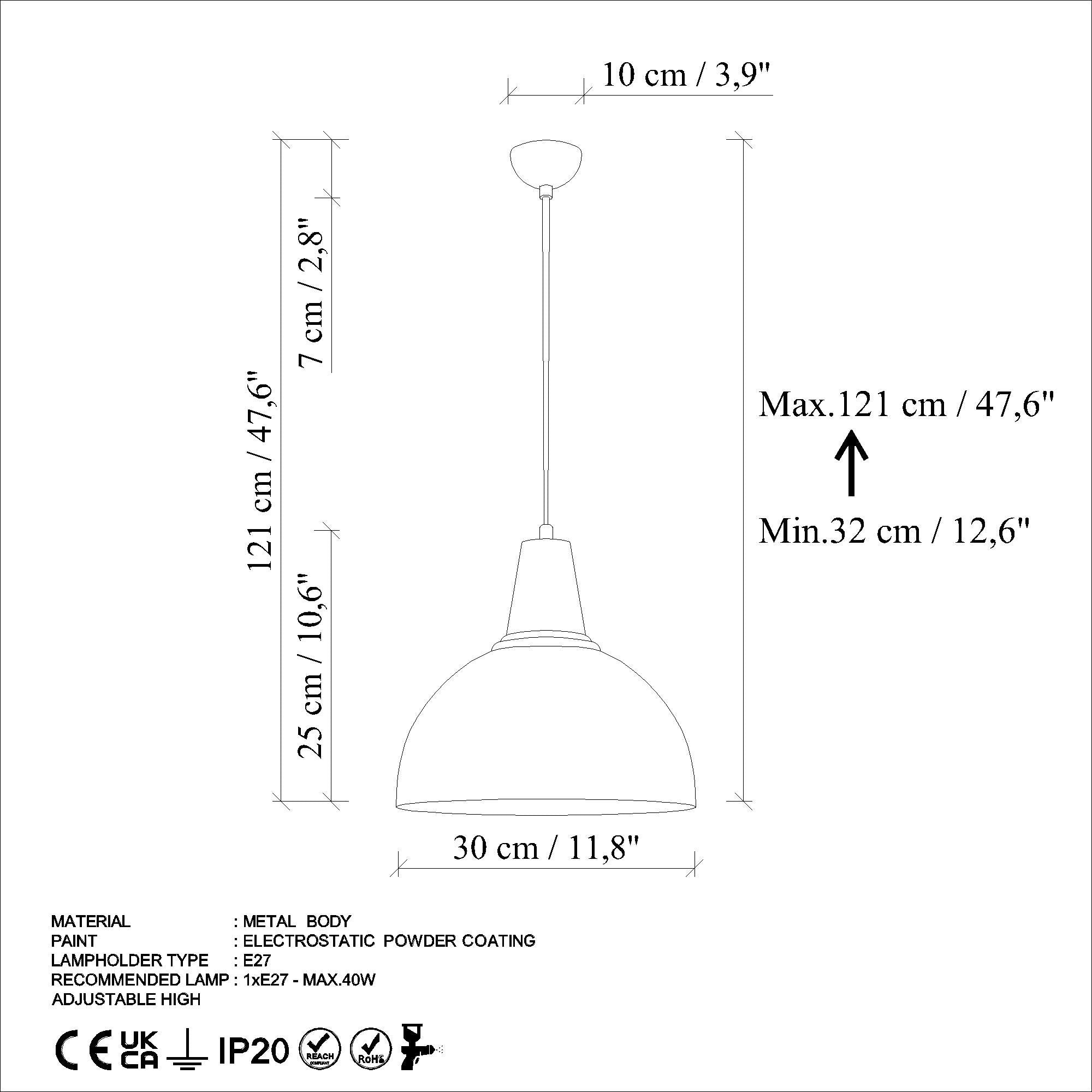 Candeeiro de Teto – Altura Ajustável 32-121 cm – Cor Menta – Corpo em Metal