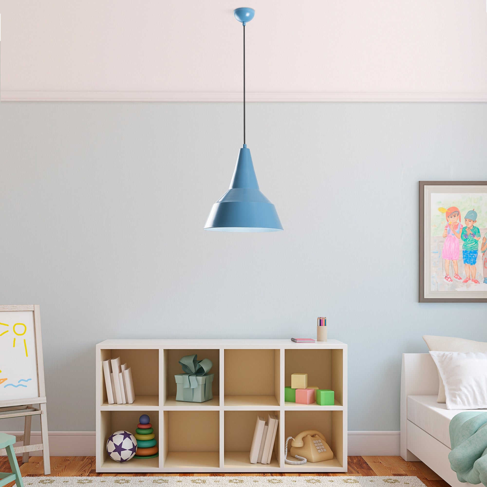 Candeeiro de Teto – altura ajustável de 42 a 131 cm – azul claro – metal