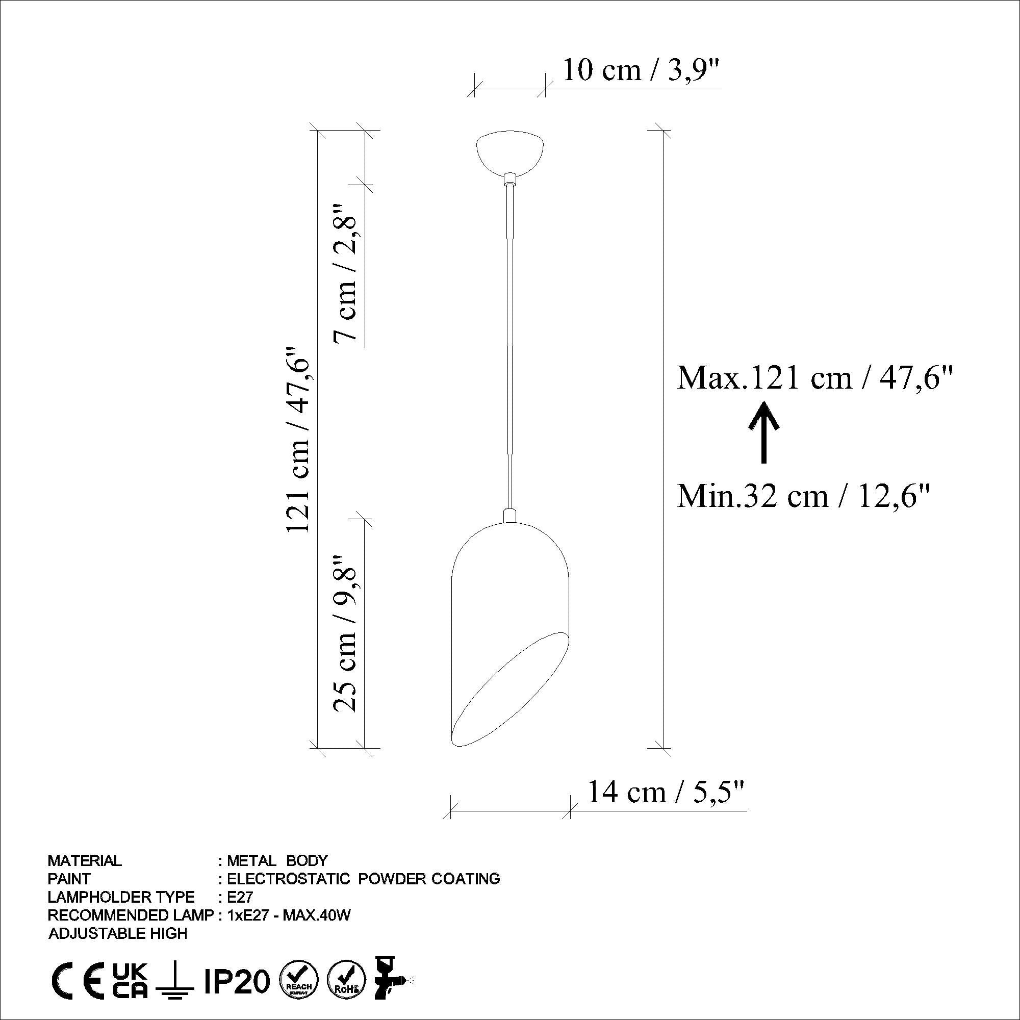 Candeeiro de Teto ajustável – 32 a 121 cm – azul claro – metal