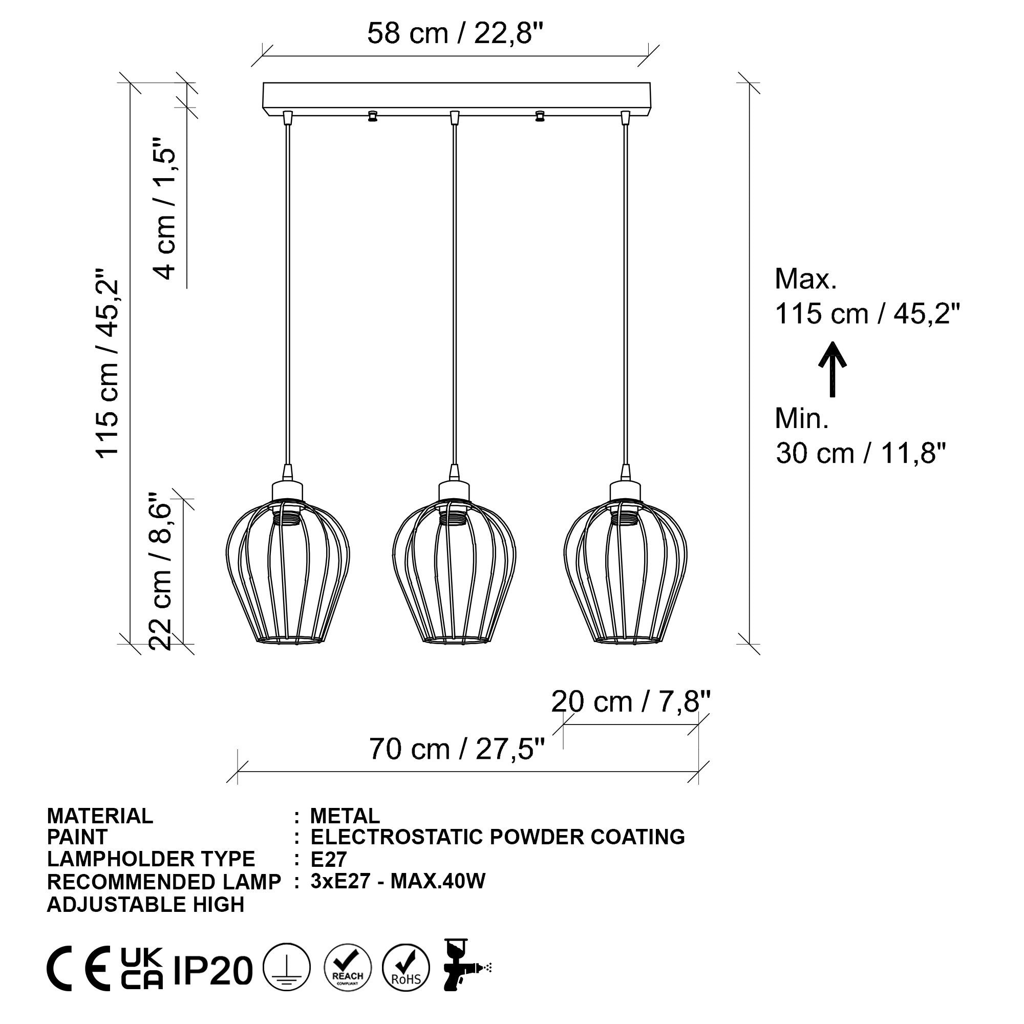 Candeeiro de Teto – 70 x 20 x 115 cm – Dourado – Metal