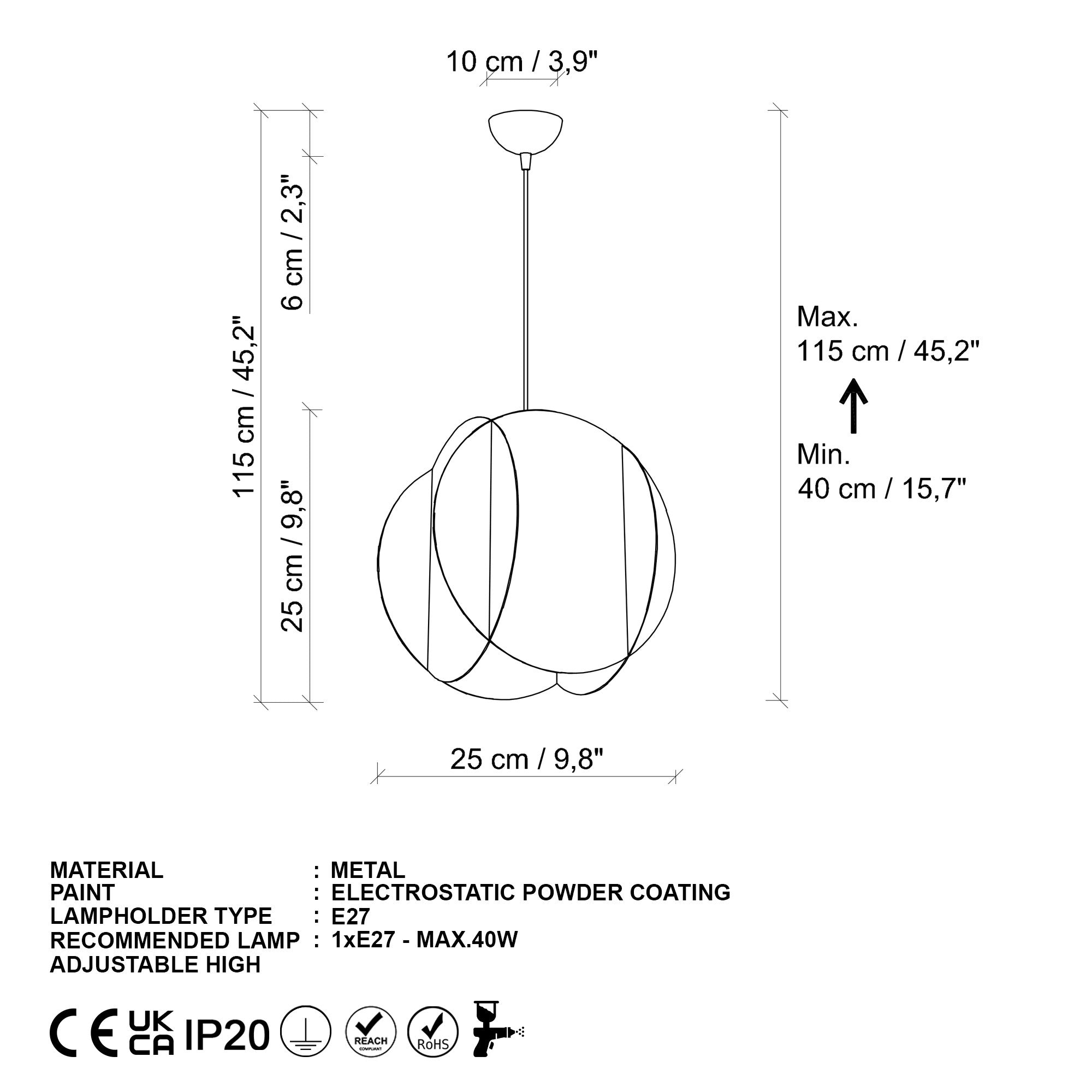 Candeeiro de Teto – Altura ajustável 40-115 cm – Dourado – Metálico
