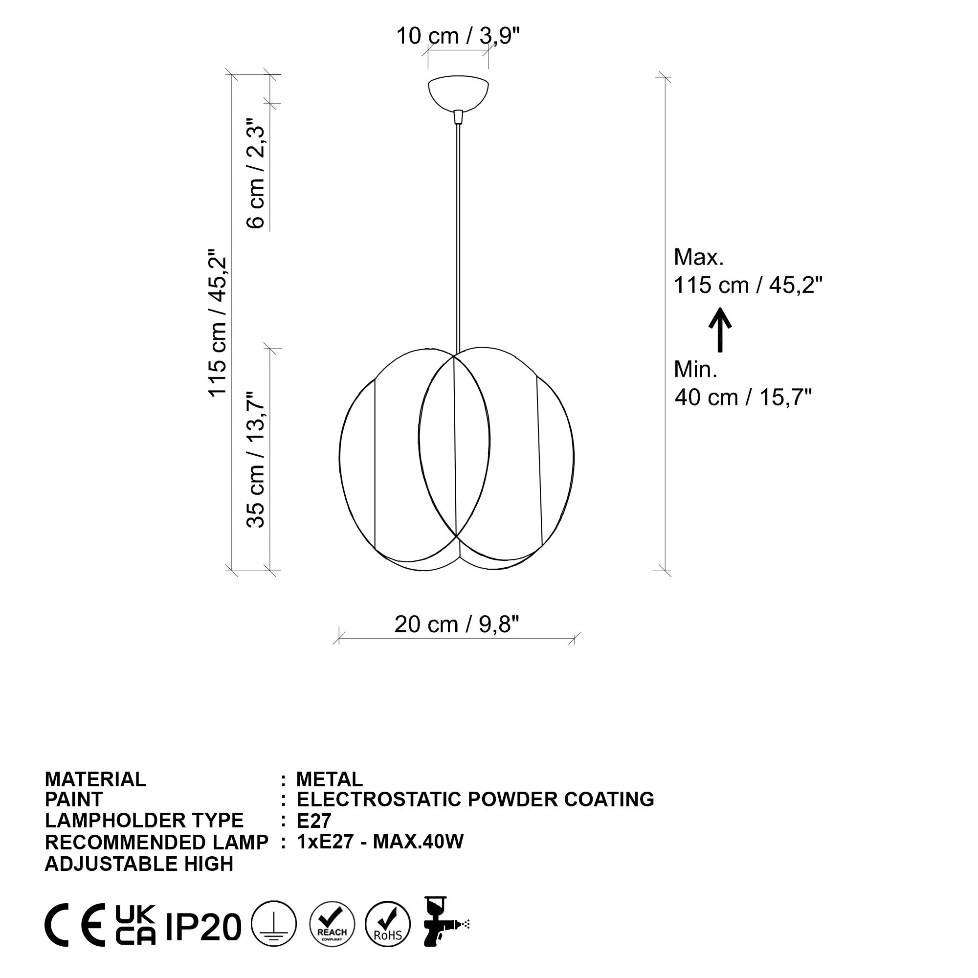 Candeeiro de Teto – 40-115 cm – Dourado – Metal