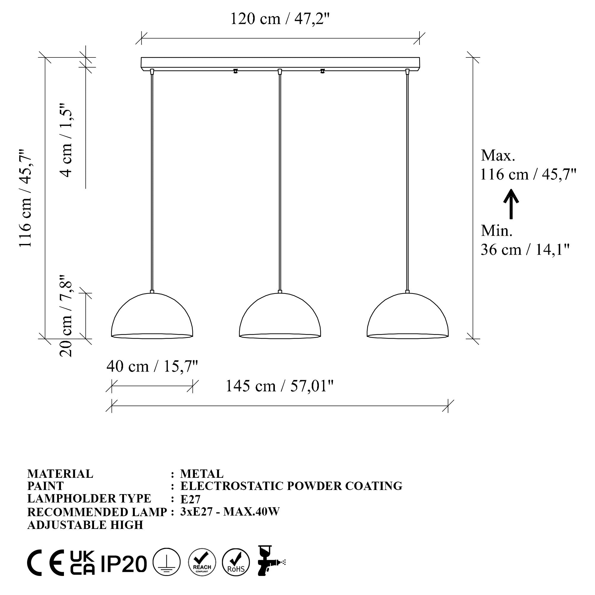 Candeeiro de Teto – 145 x 40 x 116 cm – Preto – Metálico