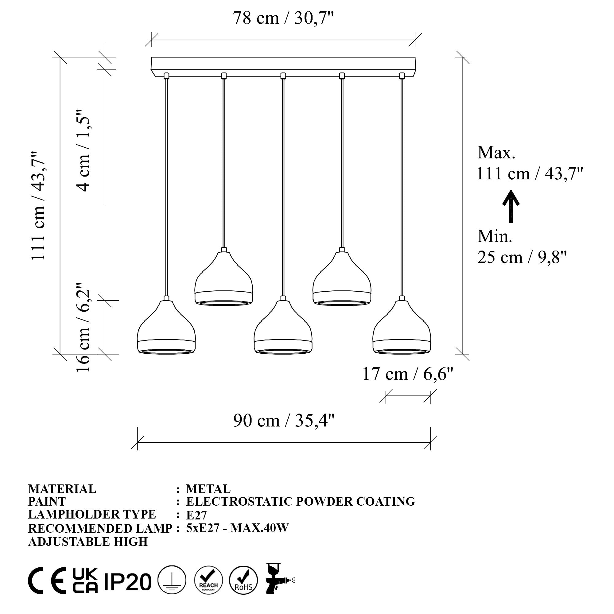 Candeeiro de Teto – 90 x 17 x 111 cm – Preto – Metal