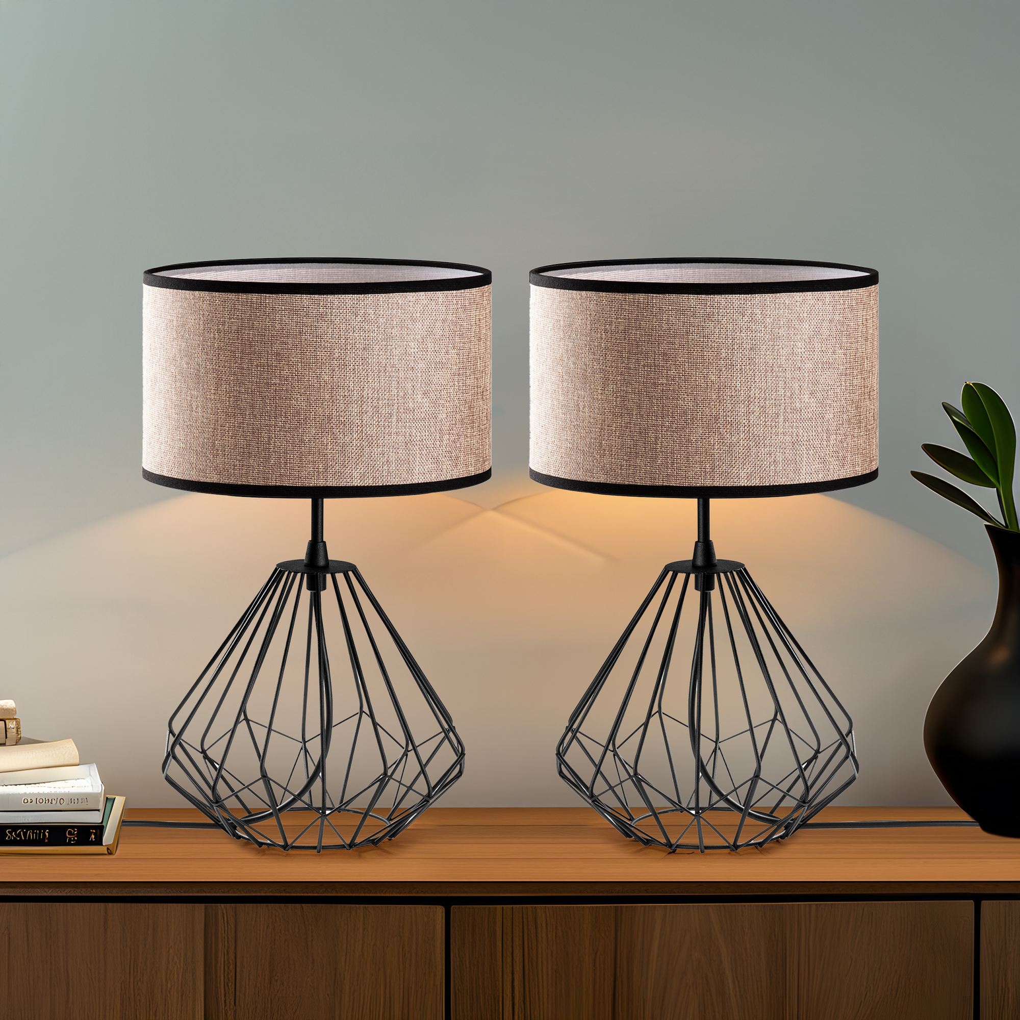 Conjunto de Candeeiros de Mesa – 25 x 25 x 43 cm – Preto – Metal e Tecido