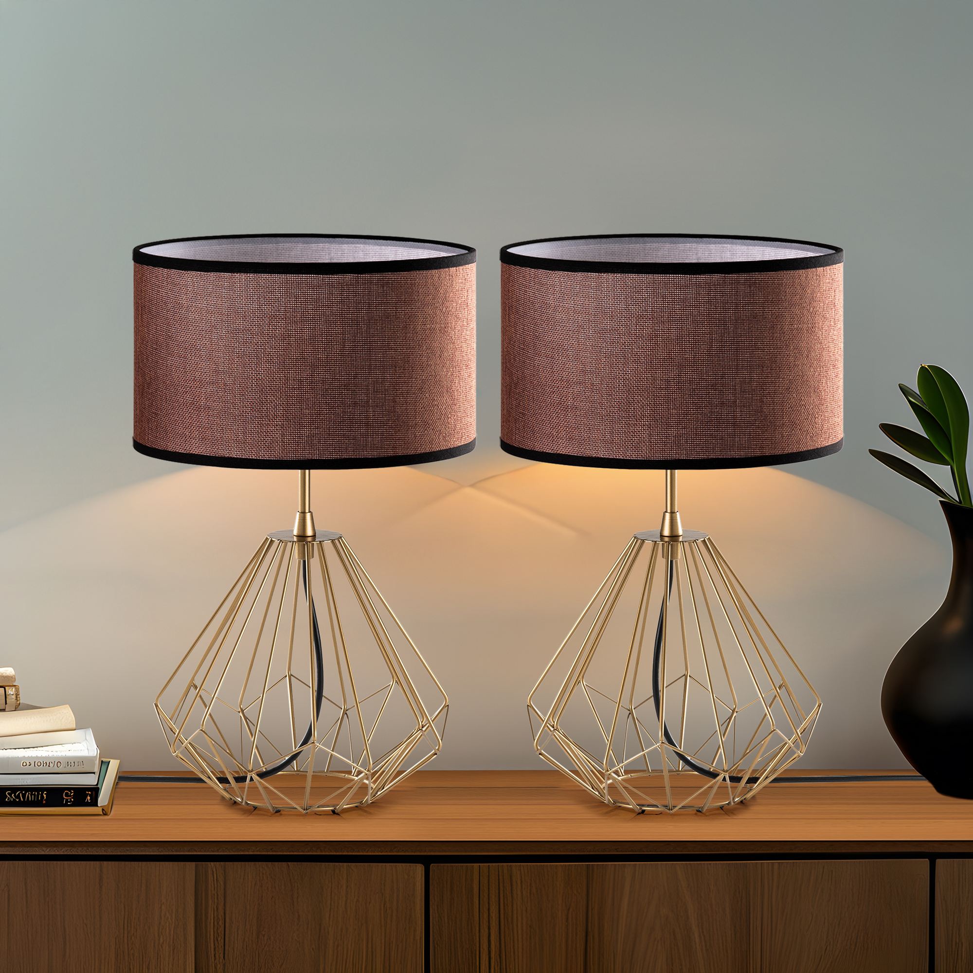 Conjunto de Candeeiros de Mesa – 25 x 25 x 43 cm – Dourado – Metal e Tecido