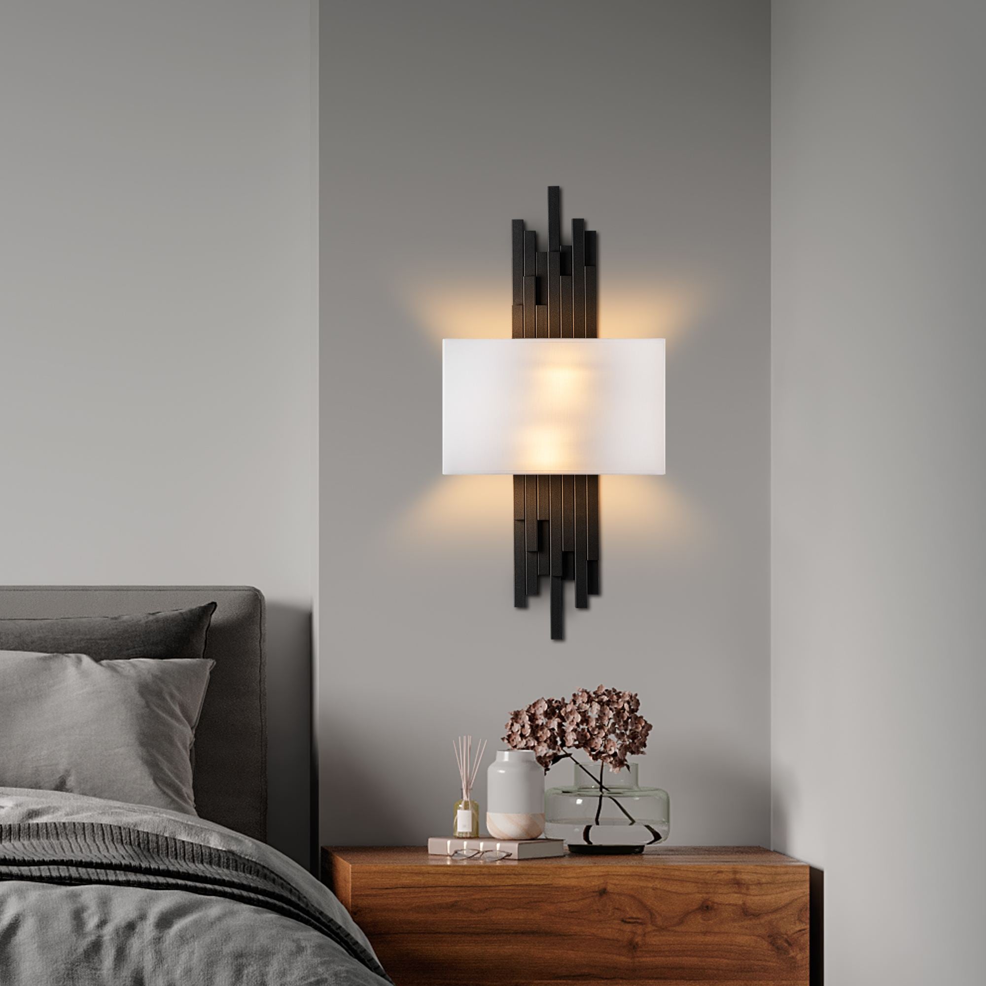 Candeeiro de Parede – 35 x 75 x 10 cm – Preto e Branco – Metal e Tecido