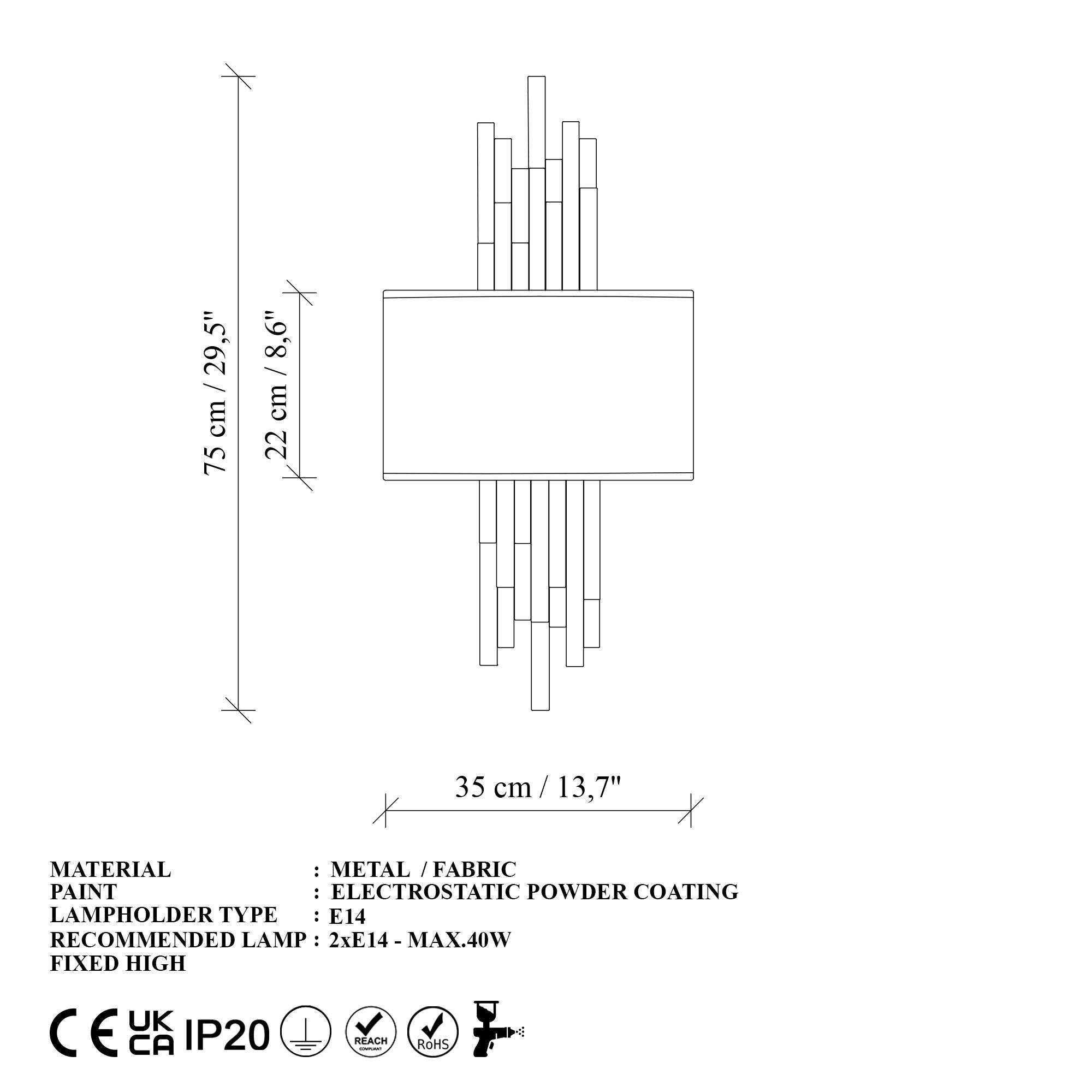 Candeeiro de Parede – 35 x 75 x 10 cm – Preto e Branco – Metal e Tecido