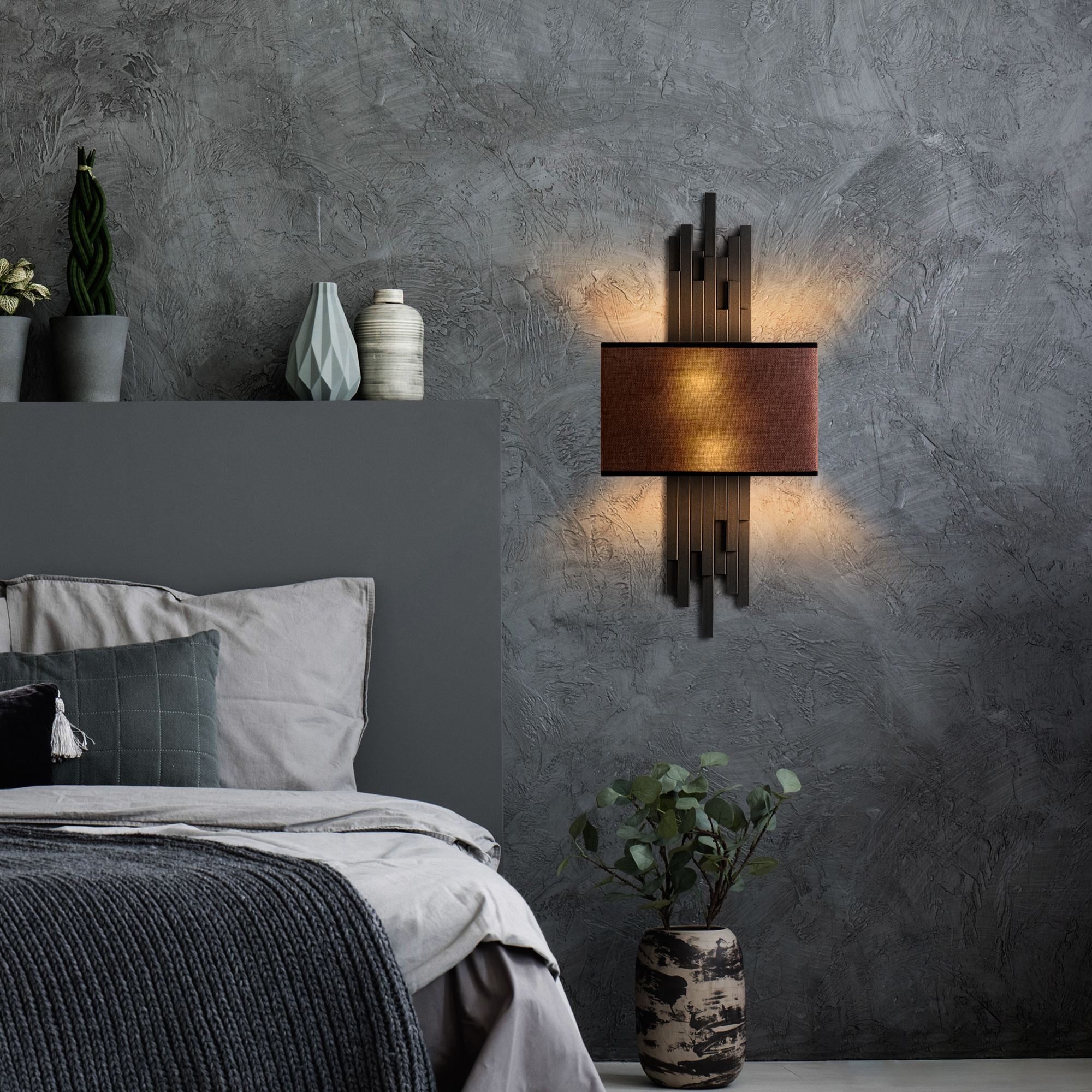 Candeeiro de Parede – 35 x 75 x 10 cm – Preto e Marrom – Metal e Tecido