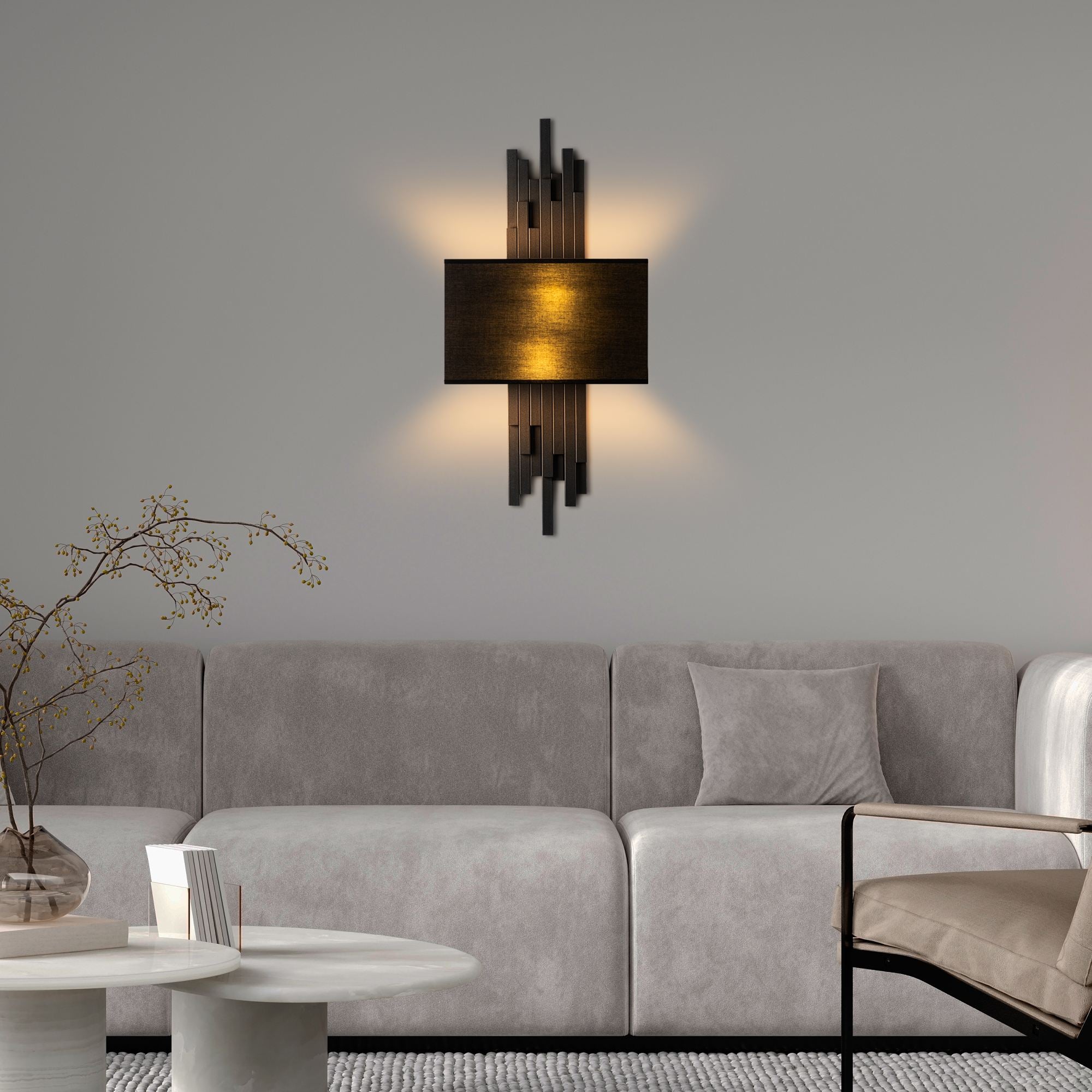 Candeeiro de Parede – 35 x 75 x 10 cm – Preto – Metal e Tecido