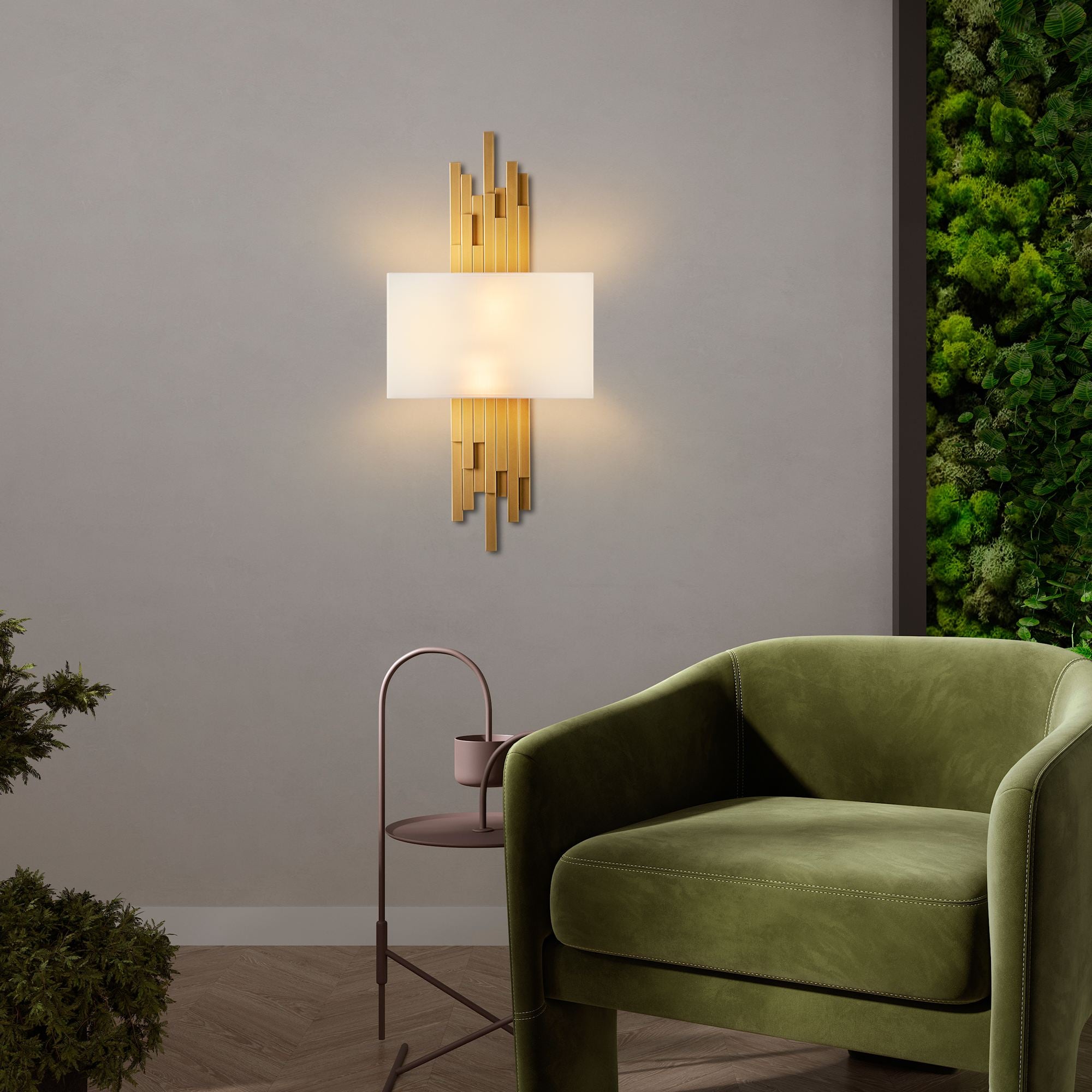 Candeeiro de Parede – 35 x 75 x 10 cm – Dourado e Branco – Metal e Tecido