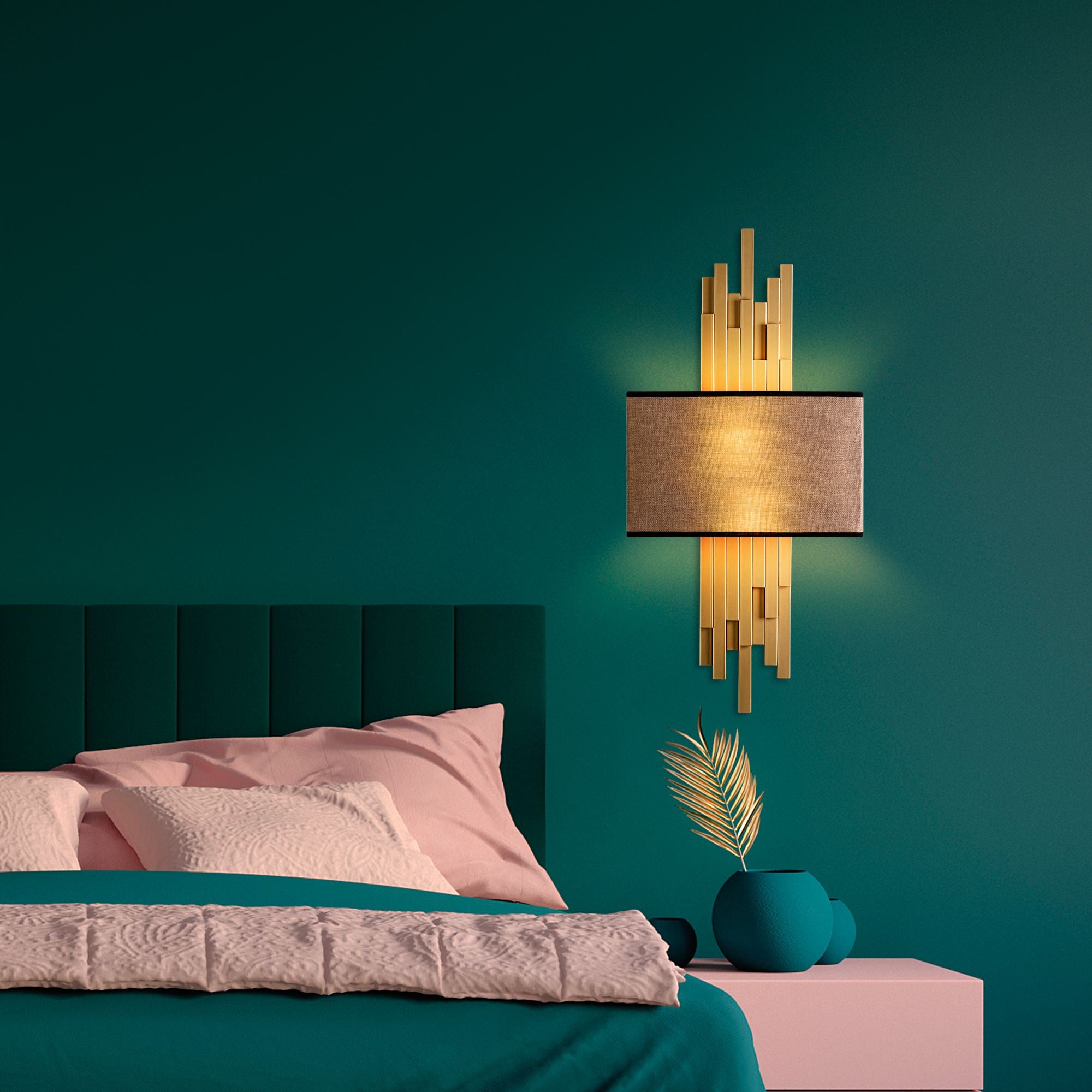 Candeeiro de Parede – 35 x 75 x 10 cm – Dourado e Castanho Claro – Metal e Tecido