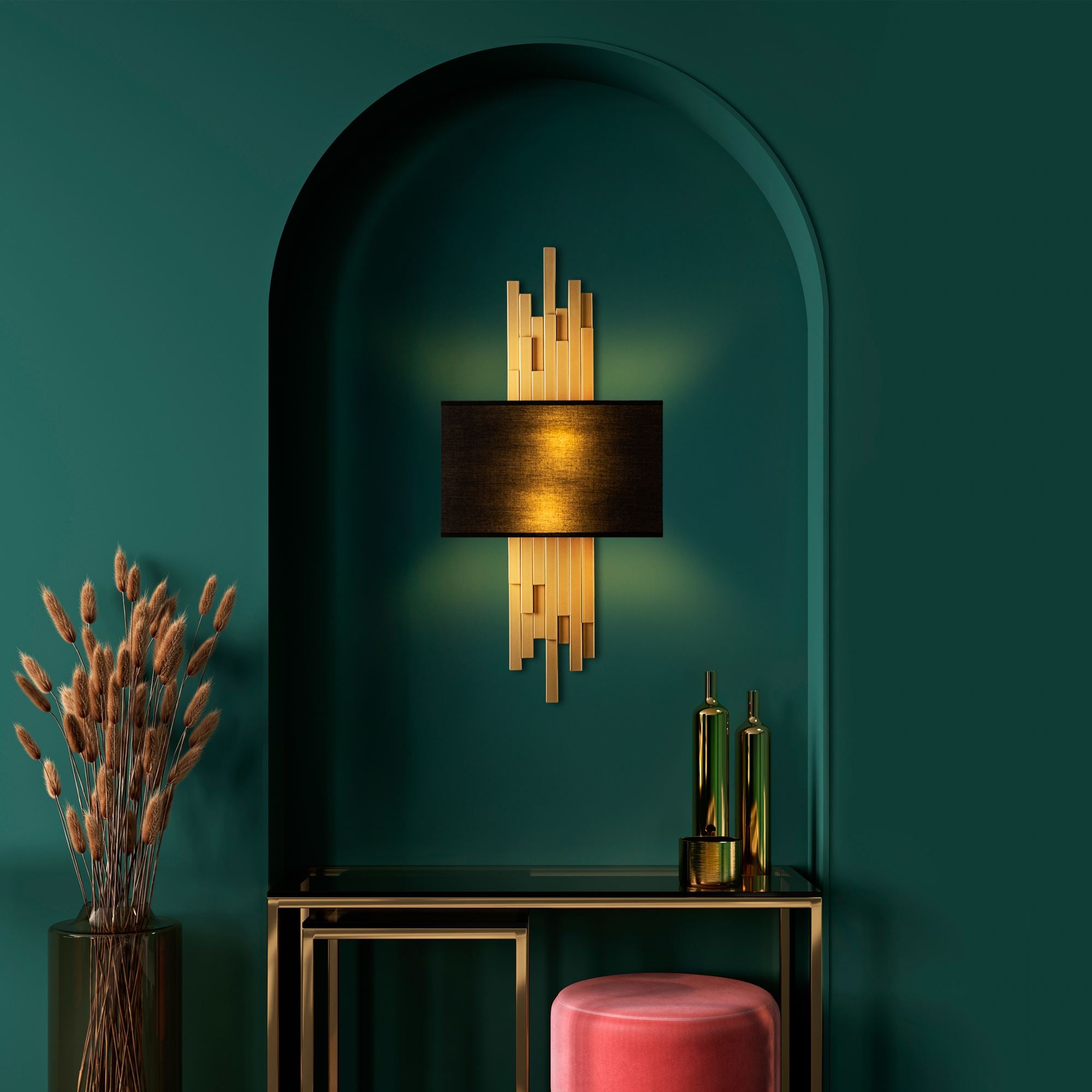 Candeeiro de Parede – 35 x 75 x 10 cm – Dourado e Preto – Metal e Tecido