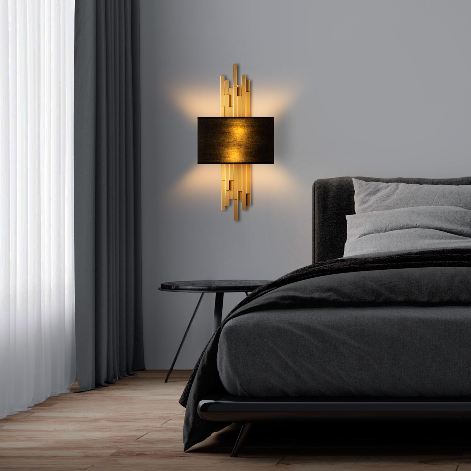 Candeeiro de Parede – 35 x 75 x 10 cm – Dourado e Preto – Metal e Tecido