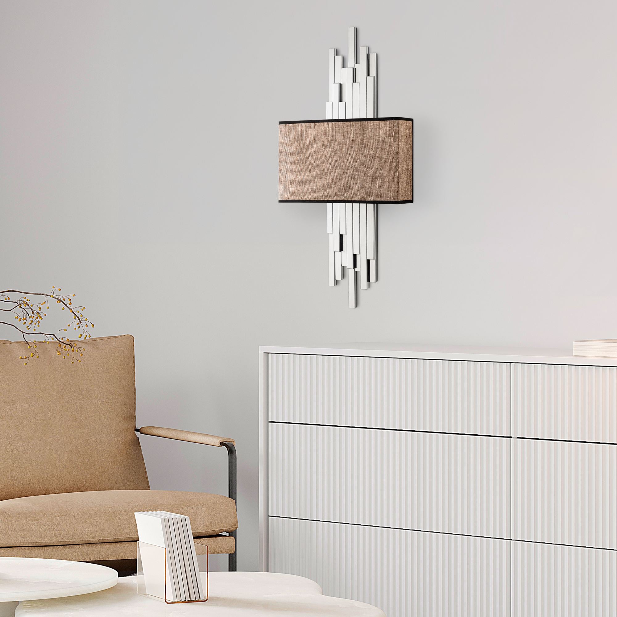 Candeeiro de Parede – 35 x 75 x 10 cm – Branco e Marrom Claro – Metal e Tecido