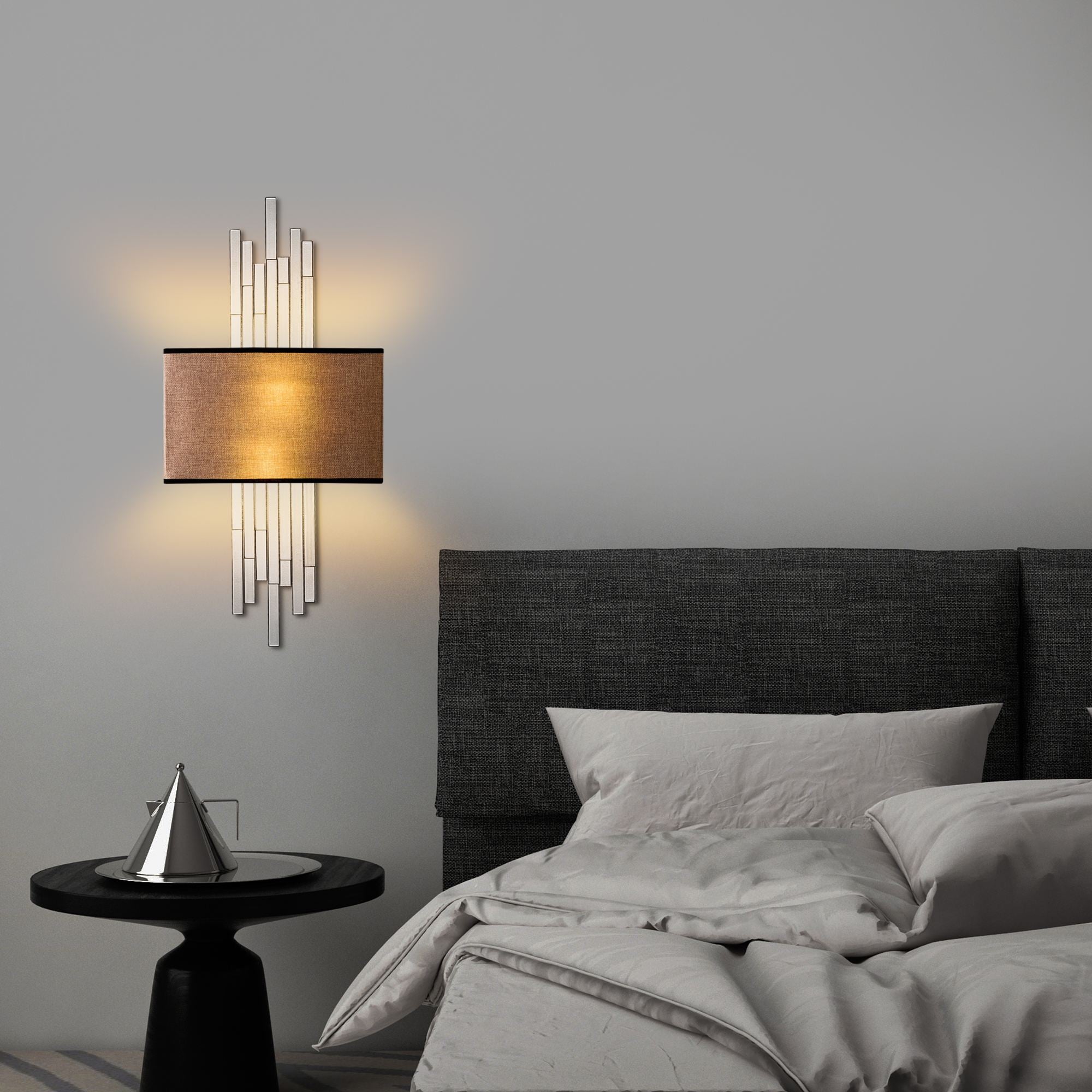 Candeeiro de Parede – 35 x 75 x 10 cm – Branco e Marrom Claro – Metal e Tecido