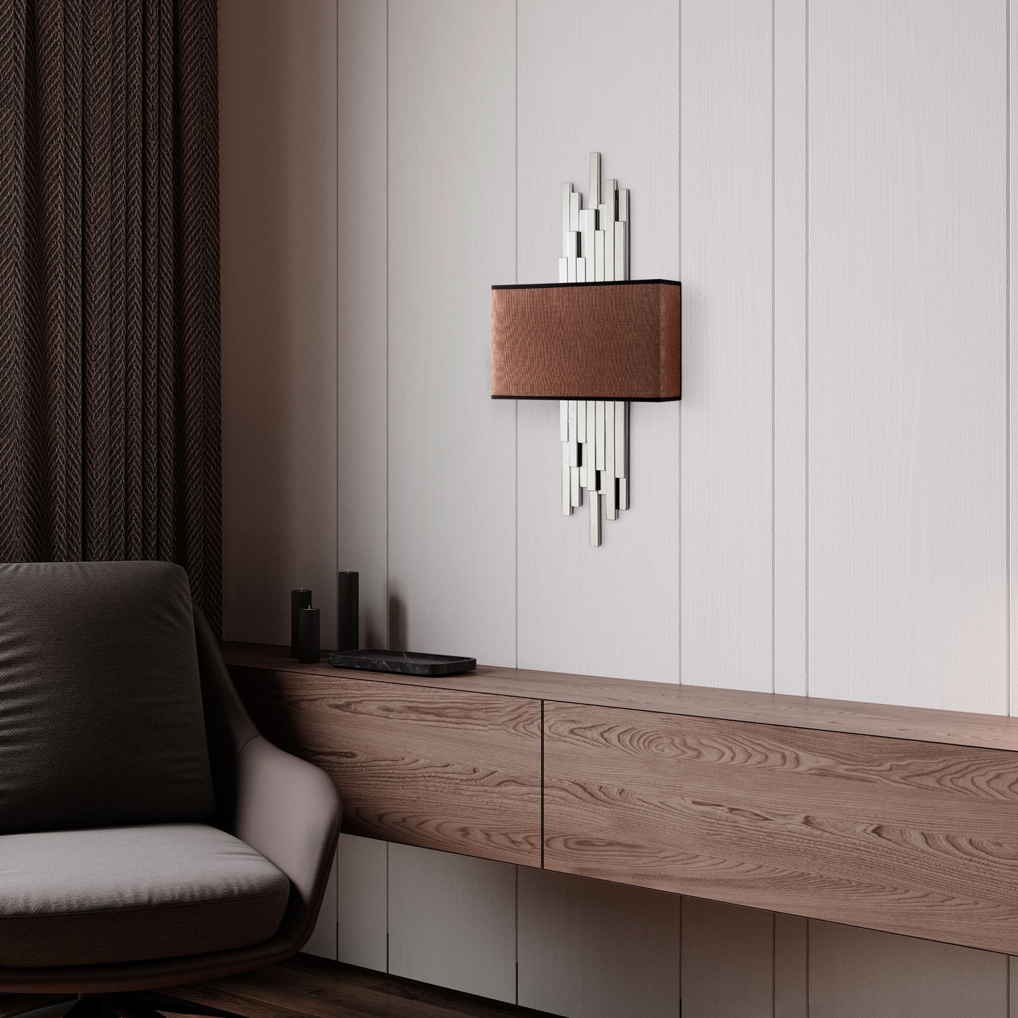 Candeeiro de Parede – 35 x 75 x 10 cm – Branco e Marrom – Metal e Tecido