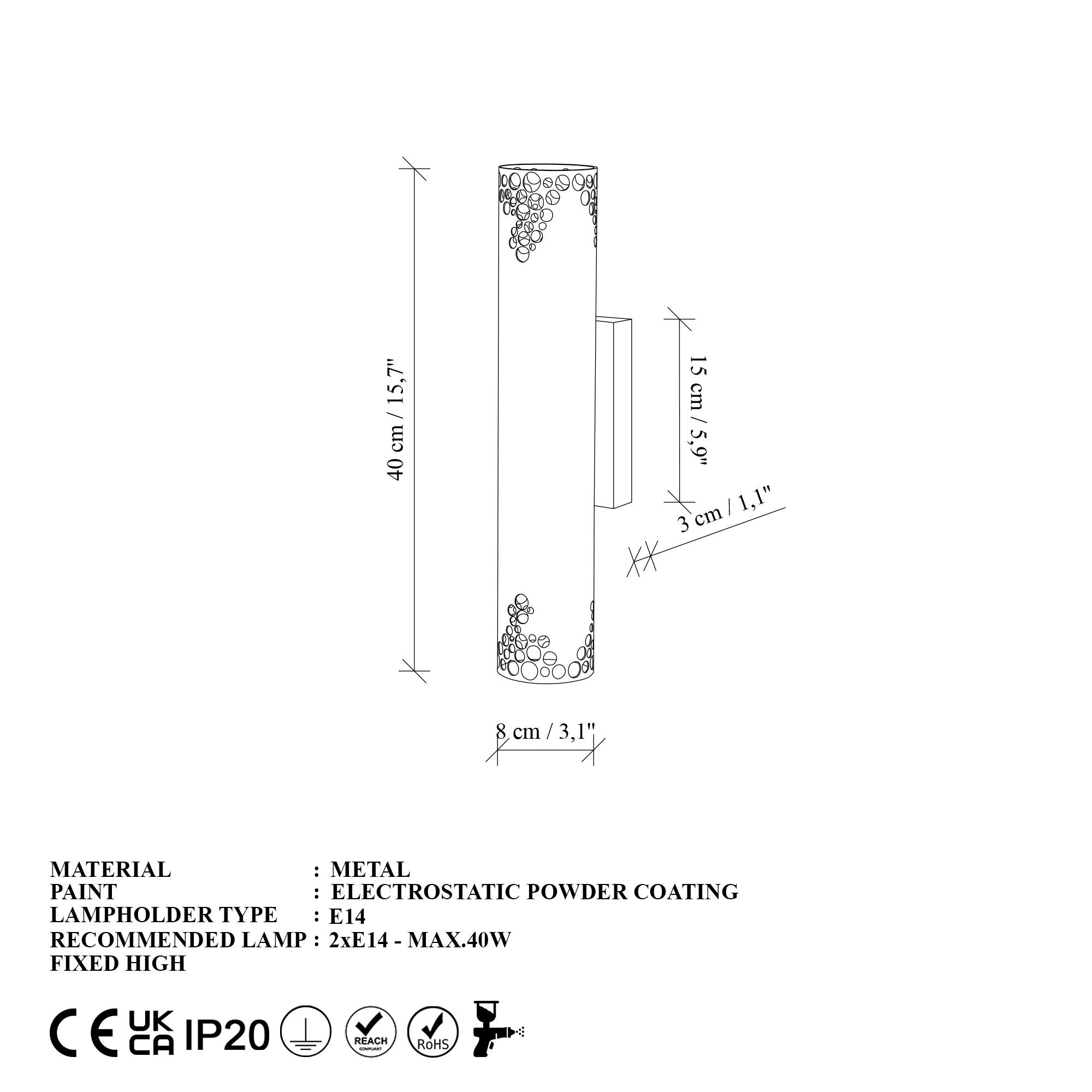 Candeeiro de Parede – 8 x 40 x 13 cm – Preto – Metálico