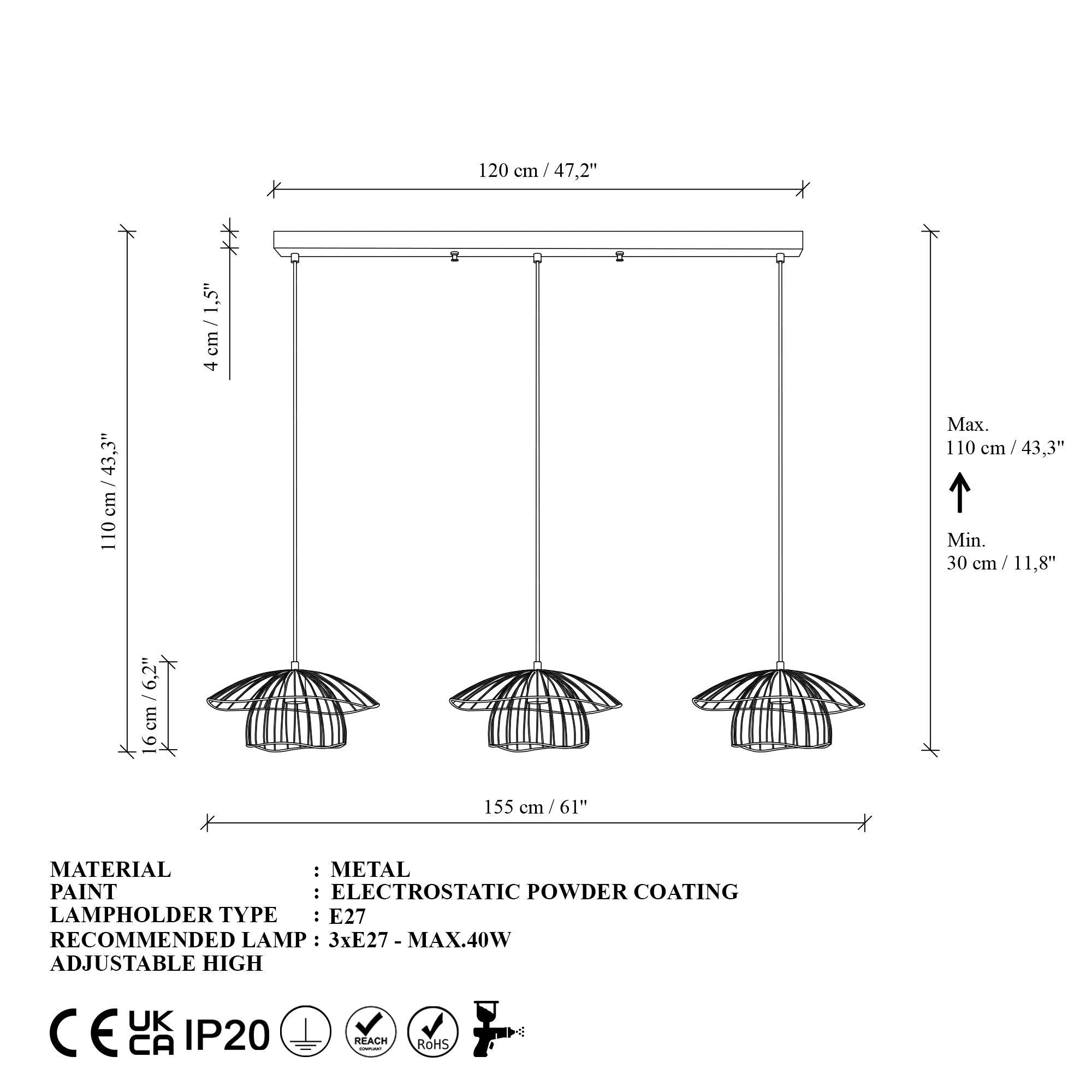 Candeeiro de Teto – 155 x 35 x 110 cm – Preto – Metal