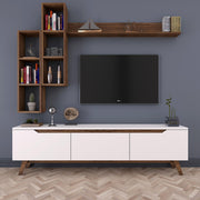 Móvel de TV escandinavo com prateleiras de parede, branco e nogueira, 180 cm | 100% revestido em melamina, 18 mm de espessura | Solução de armazenamento elegante para salas de estar modernas