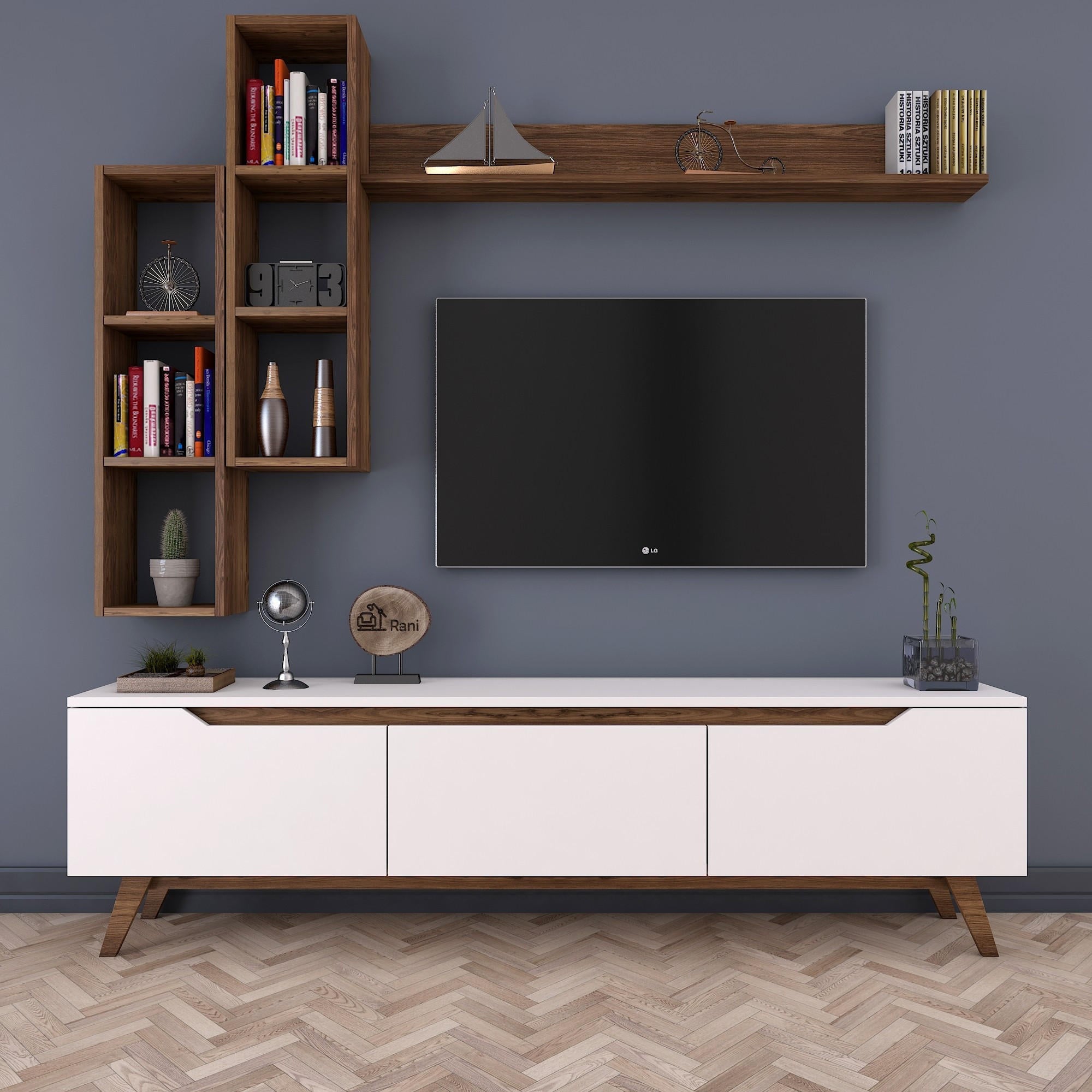 Móvel de TV escandinavo com prateleiras de parede, branco e nogueira, 180 cm | 100% revestido em melamina, 18 mm de espessura | Solução de armazenamento elegante para salas de estar modernas
