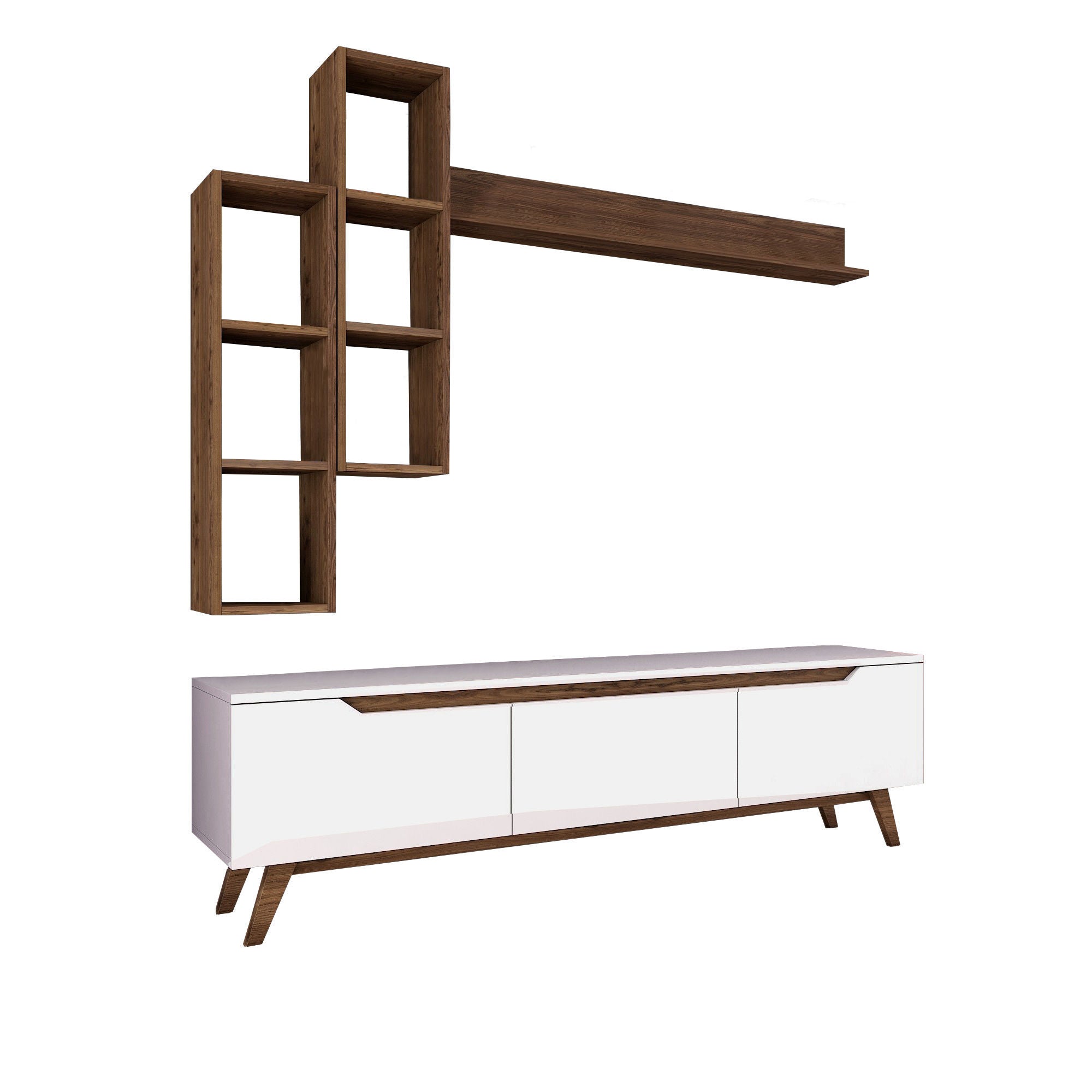 Móvel de TV escandinavo com prateleiras de parede, branco e nogueira, 180 cm | 100% revestido em melamina, 18 mm de espessura | Solução de armazenamento elegante para salas de estar modernas