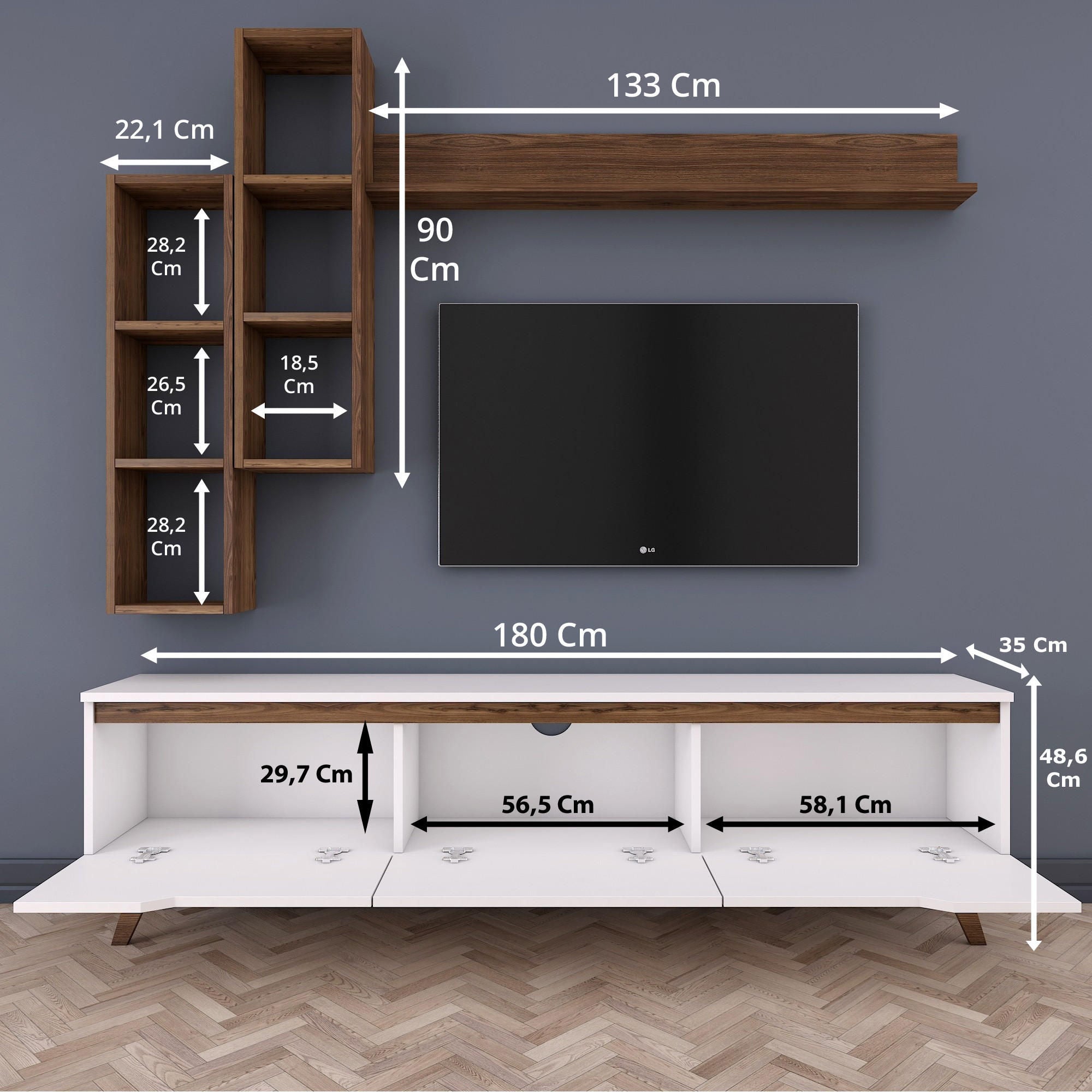 Móvel de TV escandinavo com prateleiras de parede, branco e nogueira, 180 cm | 100% revestido em melamina, 18 mm de espessura | Solução de armazenamento elegante para salas de estar modernas