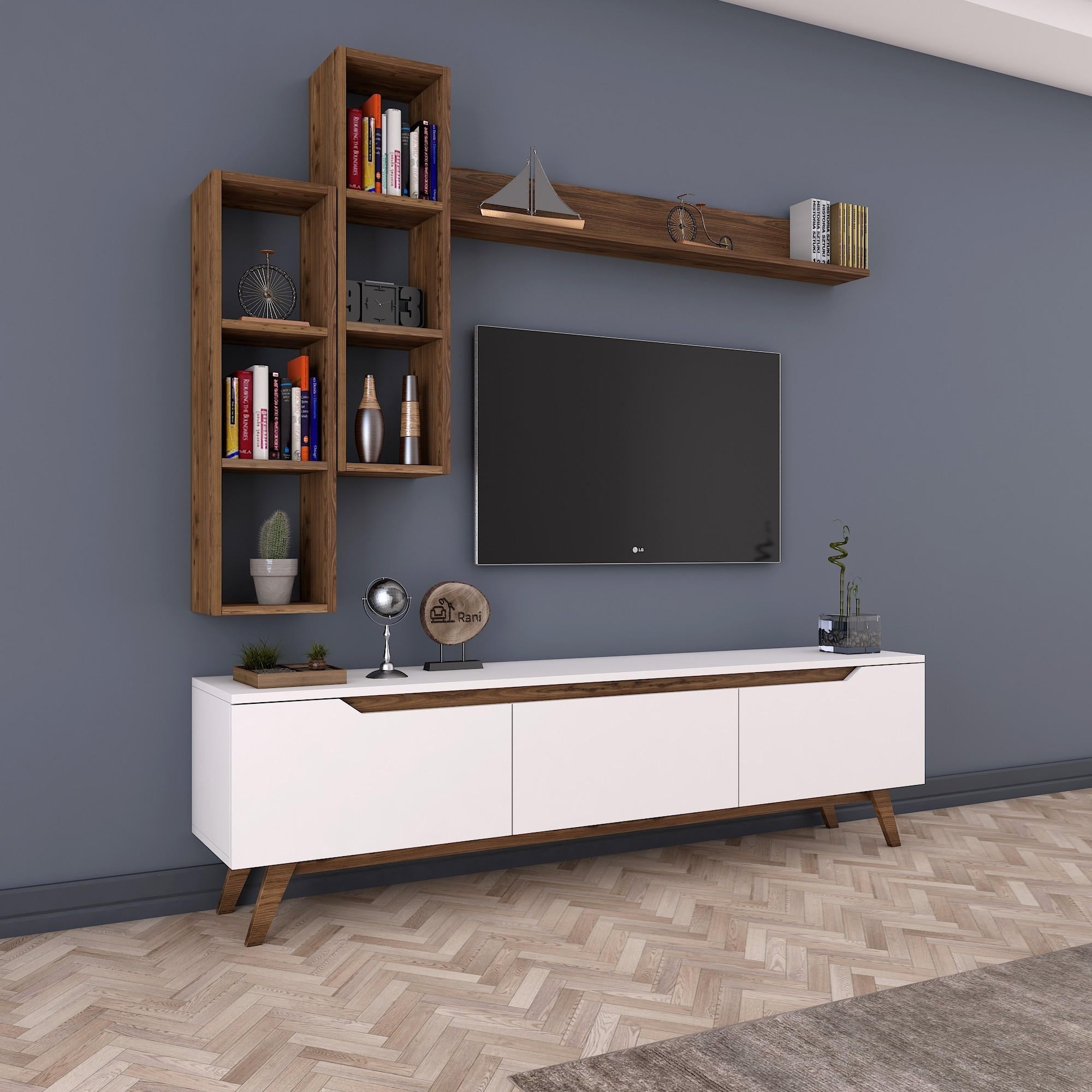 Móvel de TV escandinavo com prateleiras de parede, branco e nogueira, 180 cm | 100% revestido em melamina, 18 mm de espessura | Solução de armazenamento elegante para salas de estar modernas