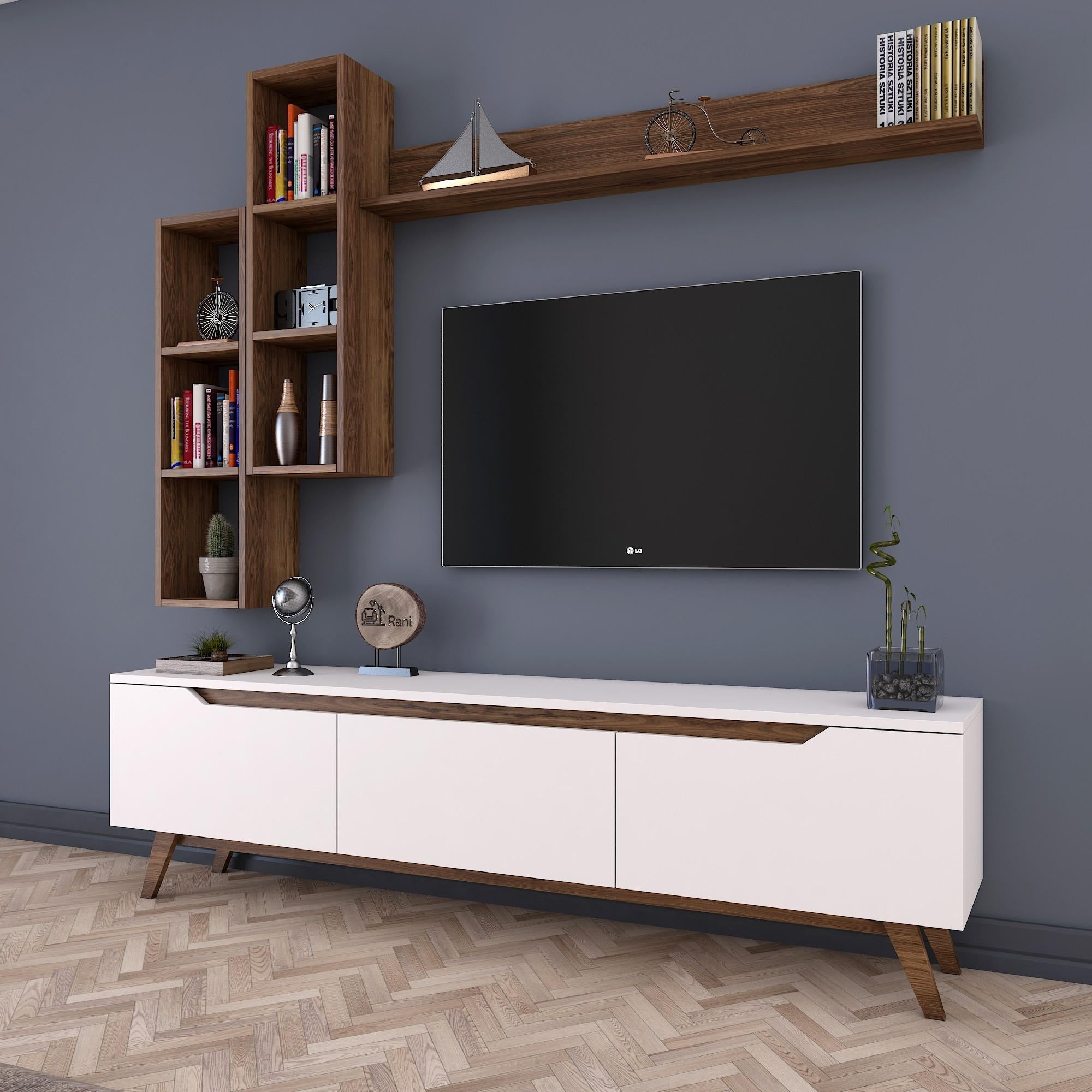 Móvel de TV escandinavo com prateleiras de parede, branco e nogueira, 180 cm | 100% revestido em melamina, 18 mm de espessura | Solução de armazenamento elegante para salas de estar modernas