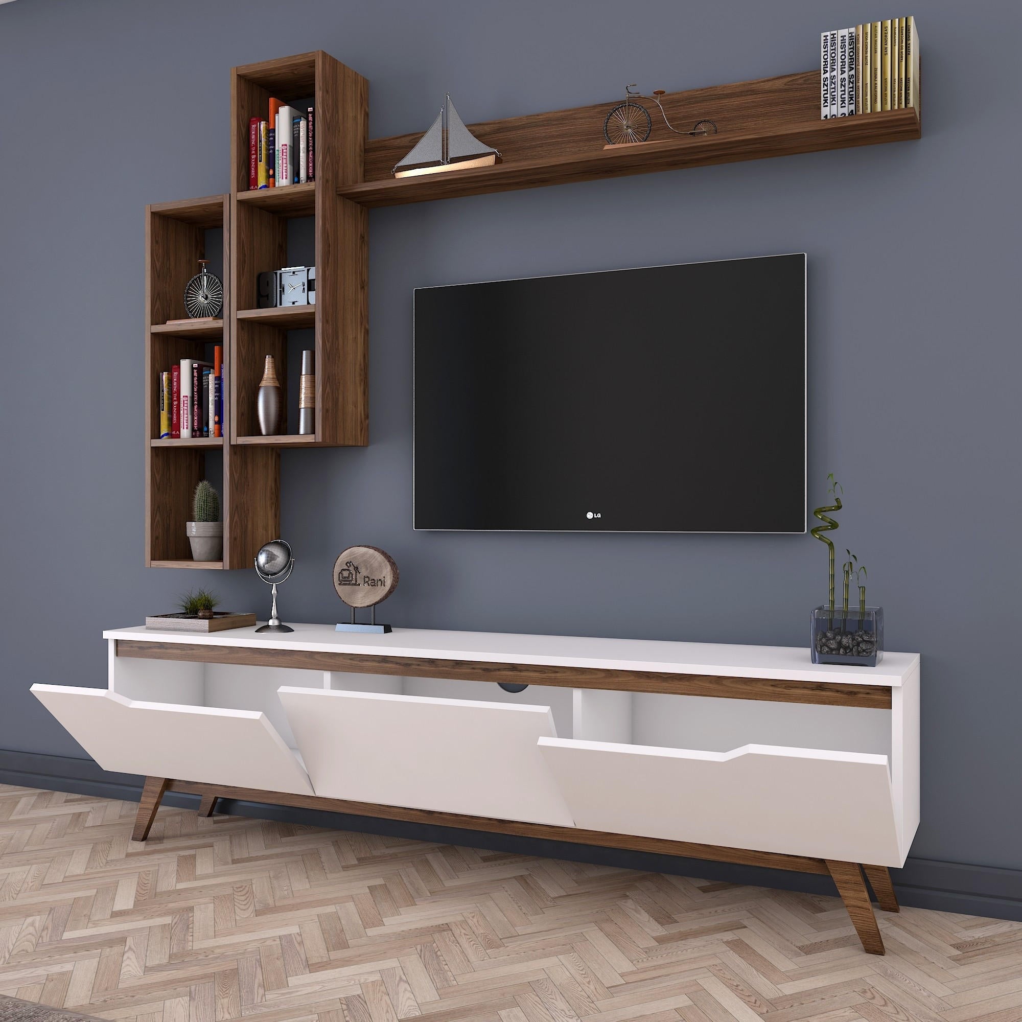 Móvel de TV escandinavo com prateleiras de parede, branco e nogueira, 180 cm | 100% revestido em melamina, 18 mm de espessura | Solução de armazenamento elegante para salas de estar modernas