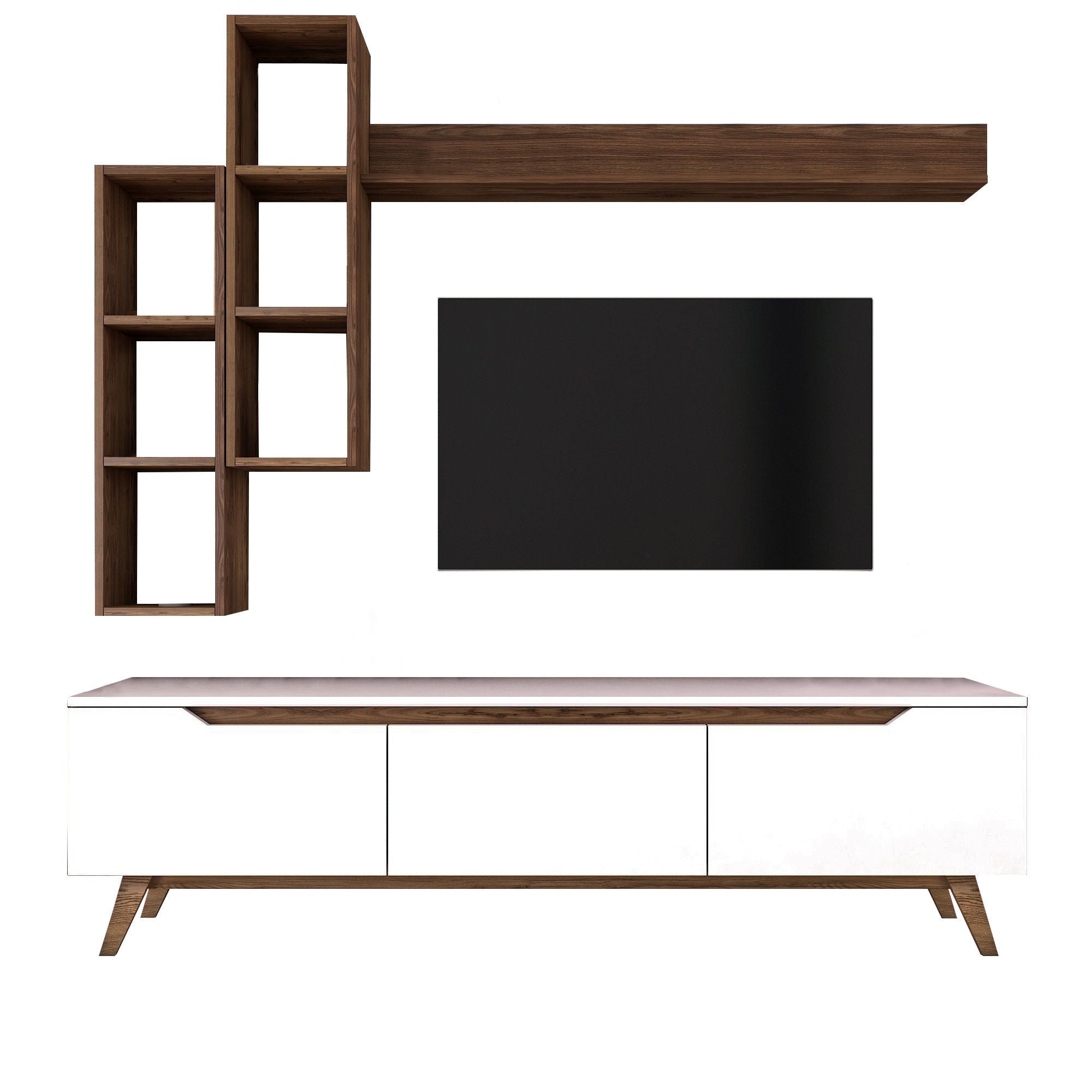 Móvel de TV escandinavo com prateleiras de parede, branco e nogueira, 180 cm | 100% revestido em melamina, 18 mm de espessura | Solução de armazenamento elegante para salas de estar modernas