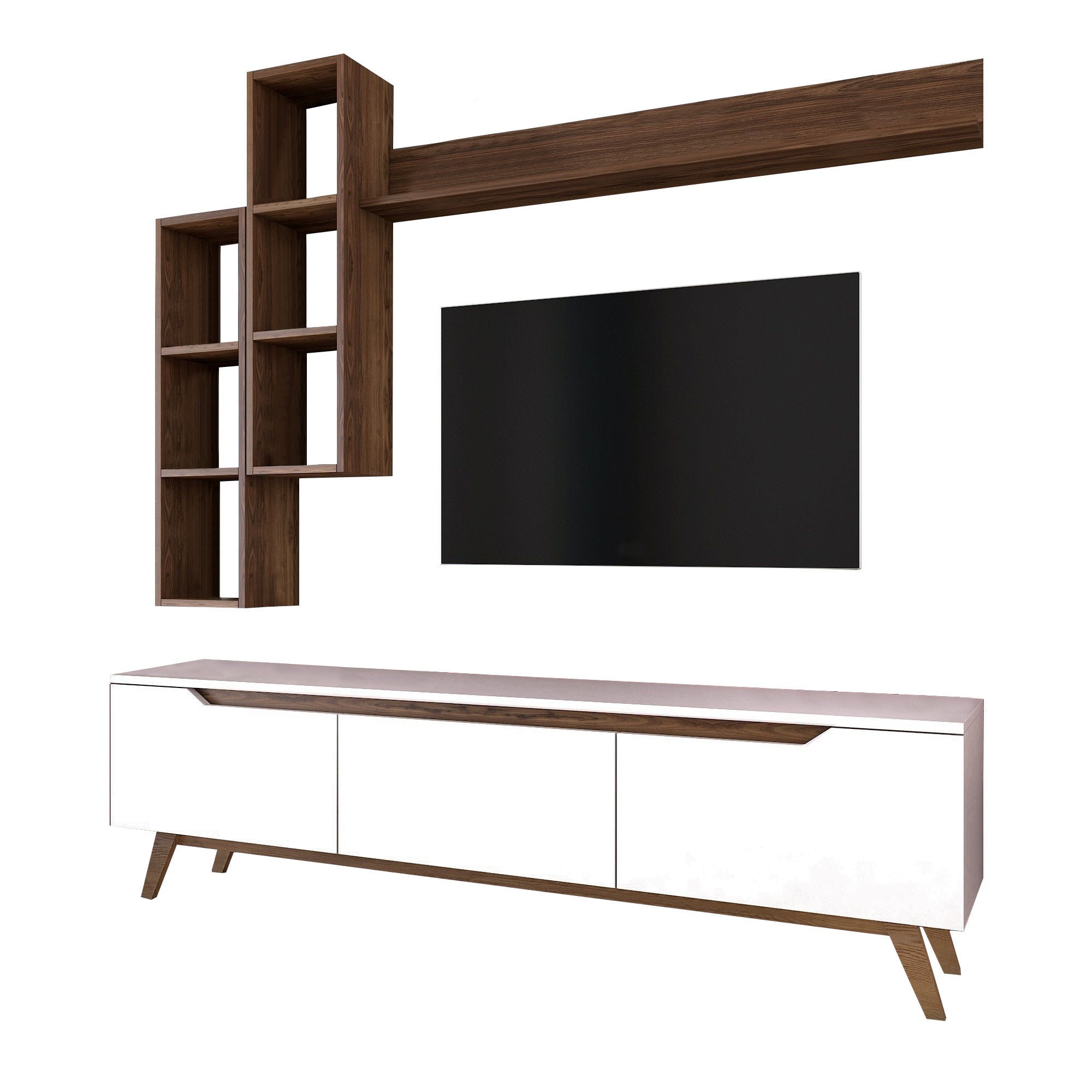 Móvel de TV escandinavo com prateleiras de parede, branco e nogueira, 180 cm | 100% revestido em melamina, 18 mm de espessura | Solução de armazenamento elegante para salas de estar modernas