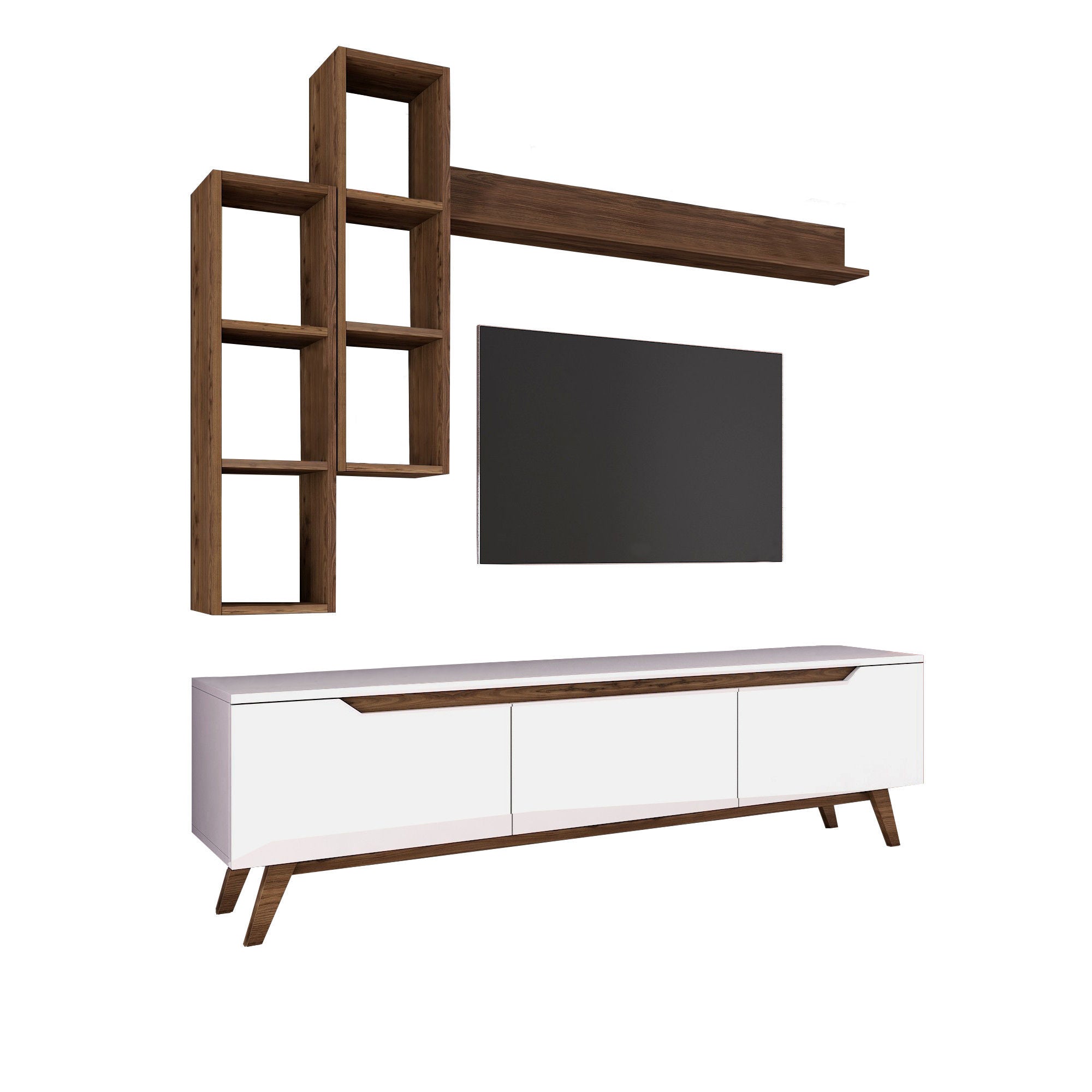 Móvel de TV escandinavo com prateleiras de parede, branco e nogueira, 180 cm | 100% revestido em melamina, 18 mm de espessura | Solução de armazenamento elegante para salas de estar modernas