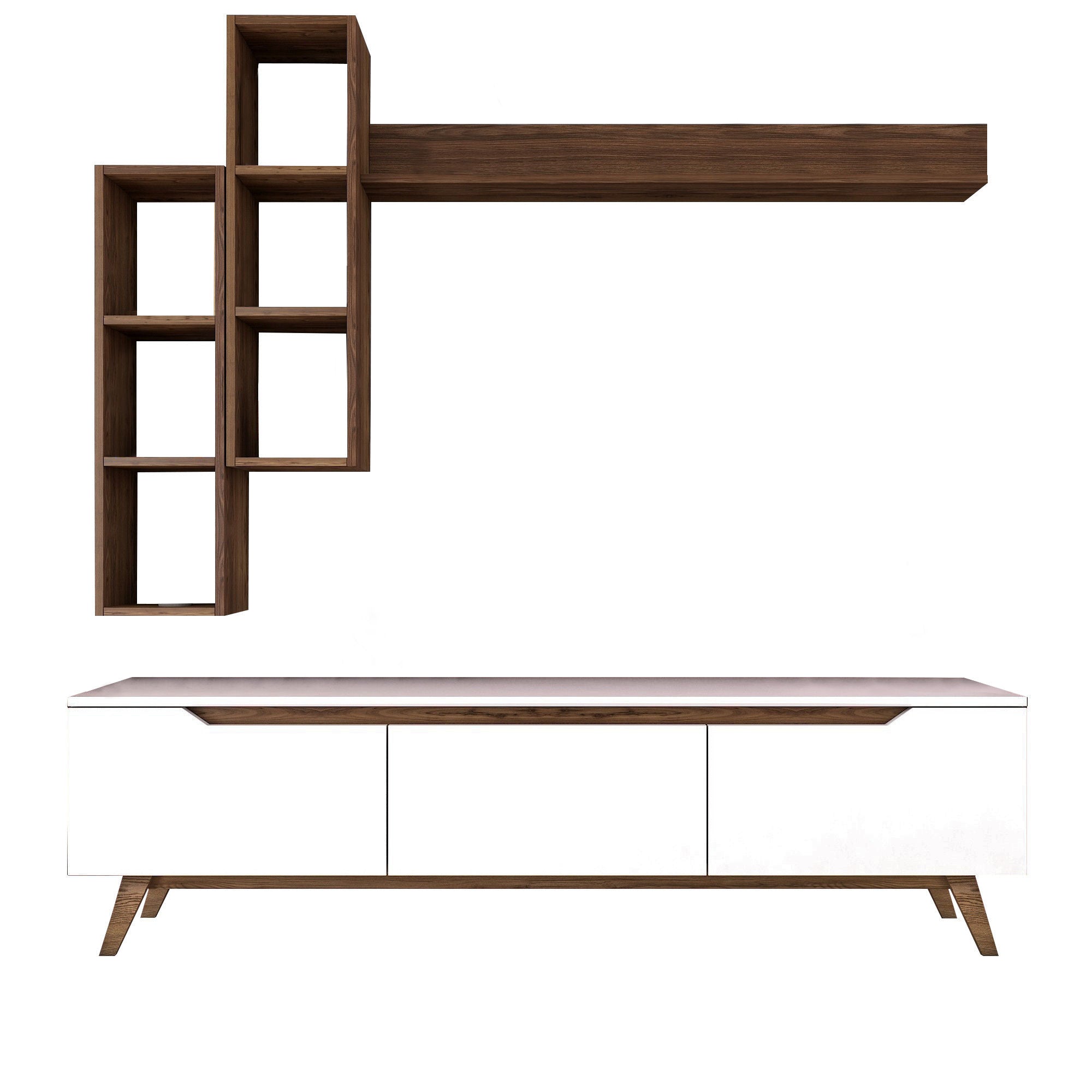 Móvel de TV escandinavo com prateleiras de parede, branco e nogueira, 180 cm | 100% revestido em melamina, 18 mm de espessura | Solução de armazenamento elegante para salas de estar modernas