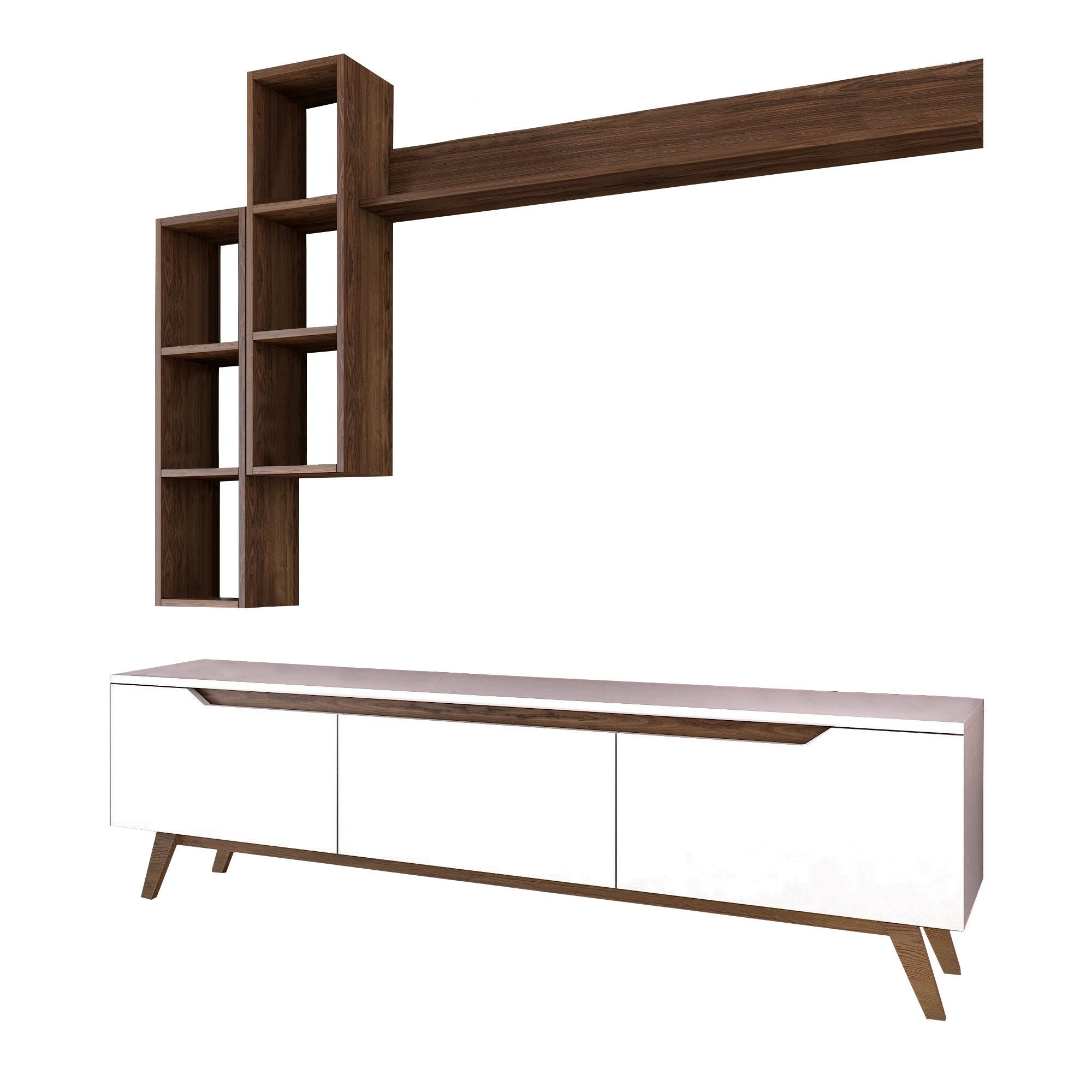 Móvel de TV escandinavo com prateleiras de parede, branco e nogueira, 180 cm | 100% revestido em melamina, 18 mm de espessura | Solução de armazenamento elegante para salas de estar modernas